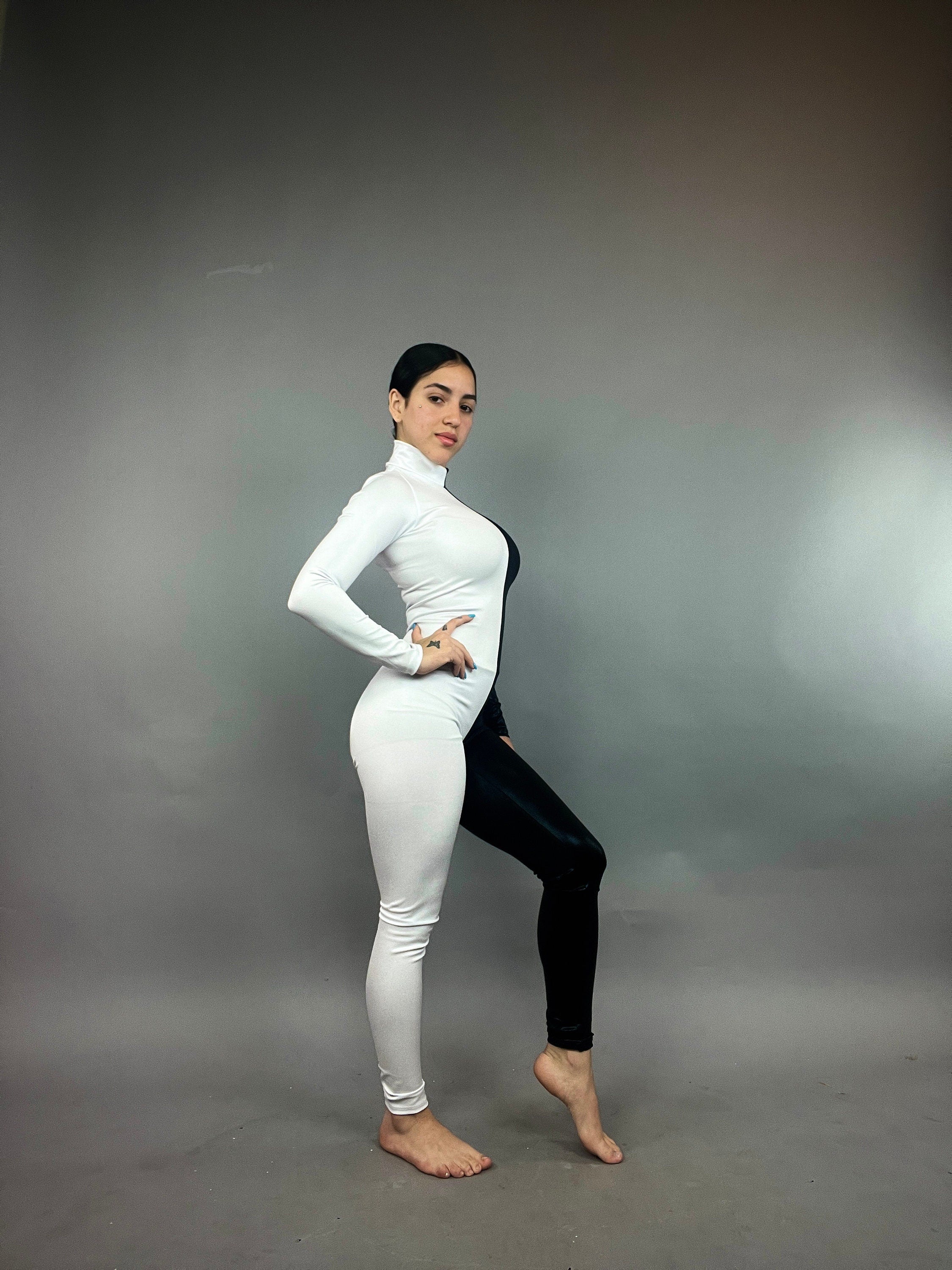 Black and White Half-And-Half Catsuit, Turtleneck, Full Sleeves