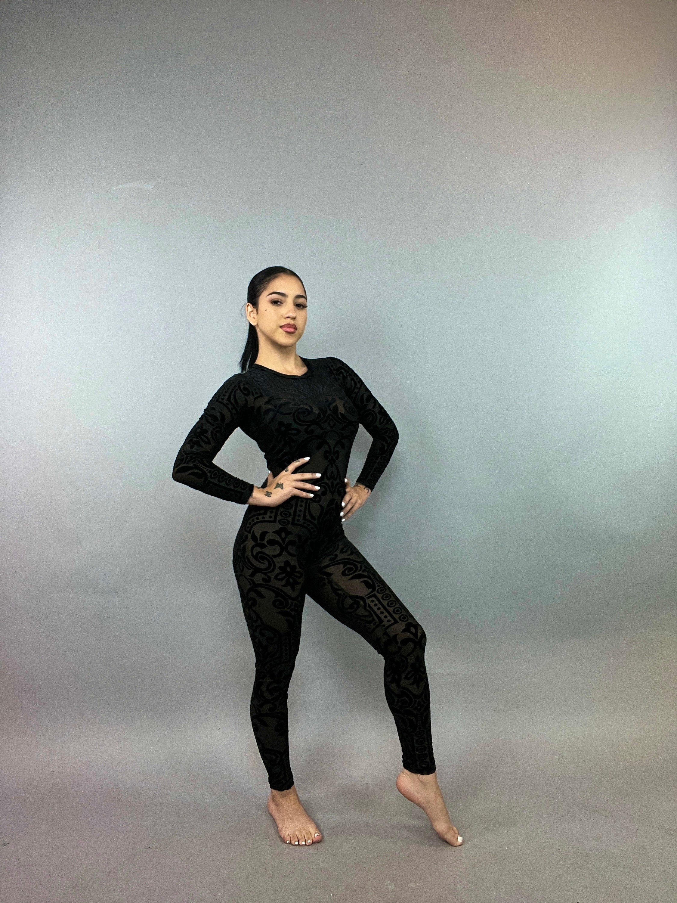 Sheer Black Velvet Catsuit, Scoop Neck, Full Sleeves, Self Design Stage Wear