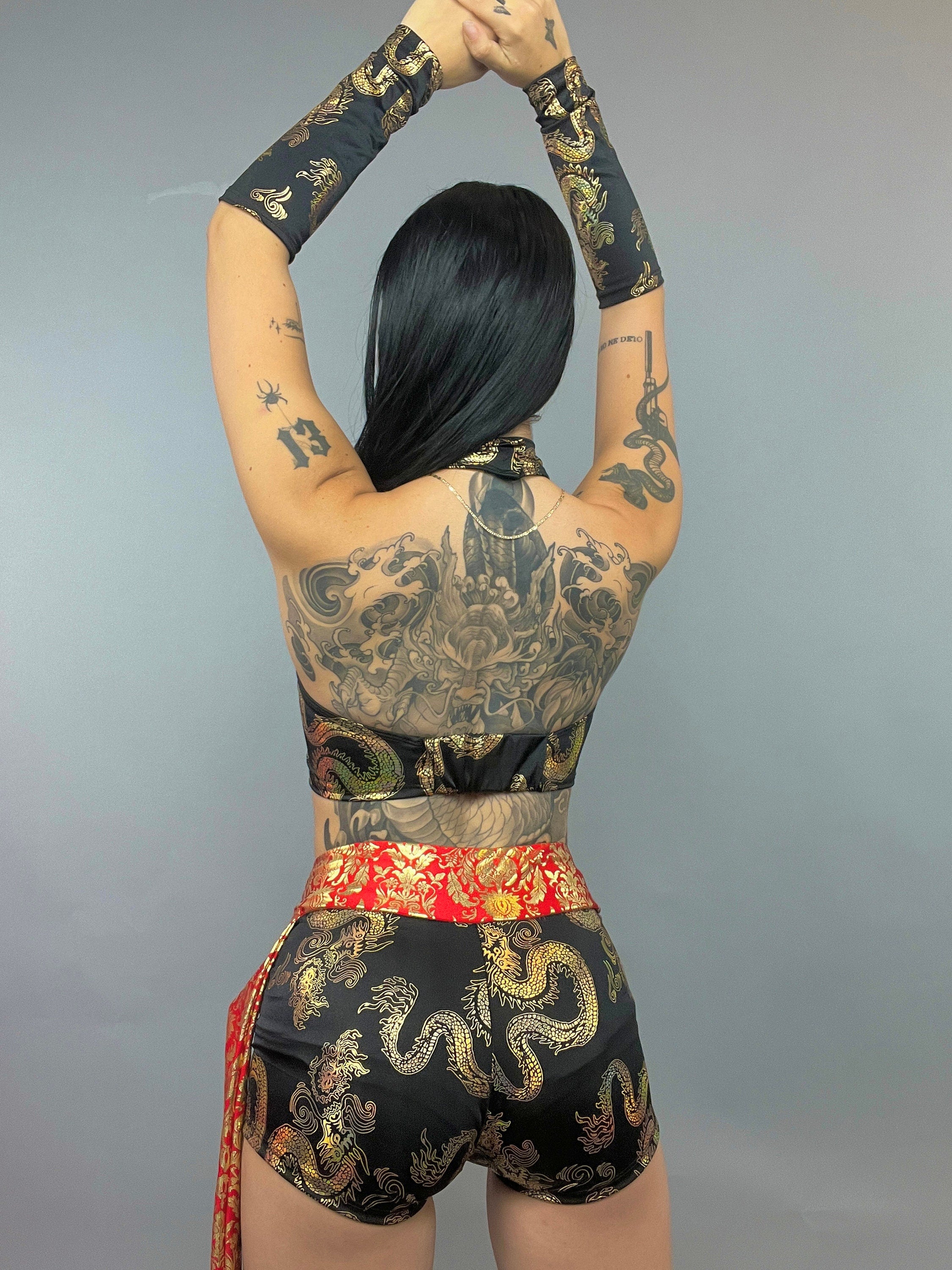Exotic Dance Wear, Gymnast Outfit, Activewear, Chinese Dragon Print Outfit, Shorts Two Piece Set, Trending Now, Rave Outfit, Festival