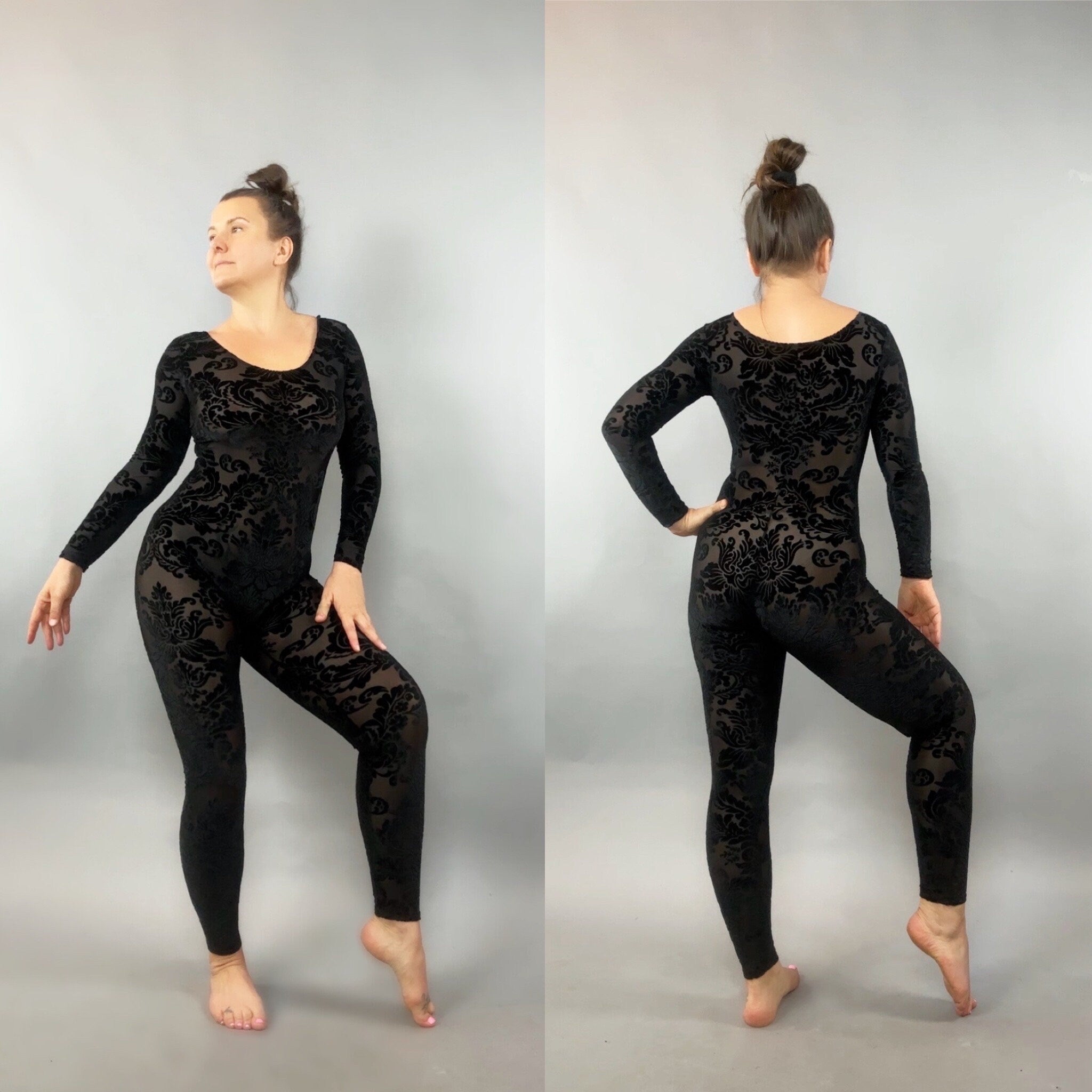 Black Sheer Velvet Bodysuit, Scoop Neck, Full Sleeves