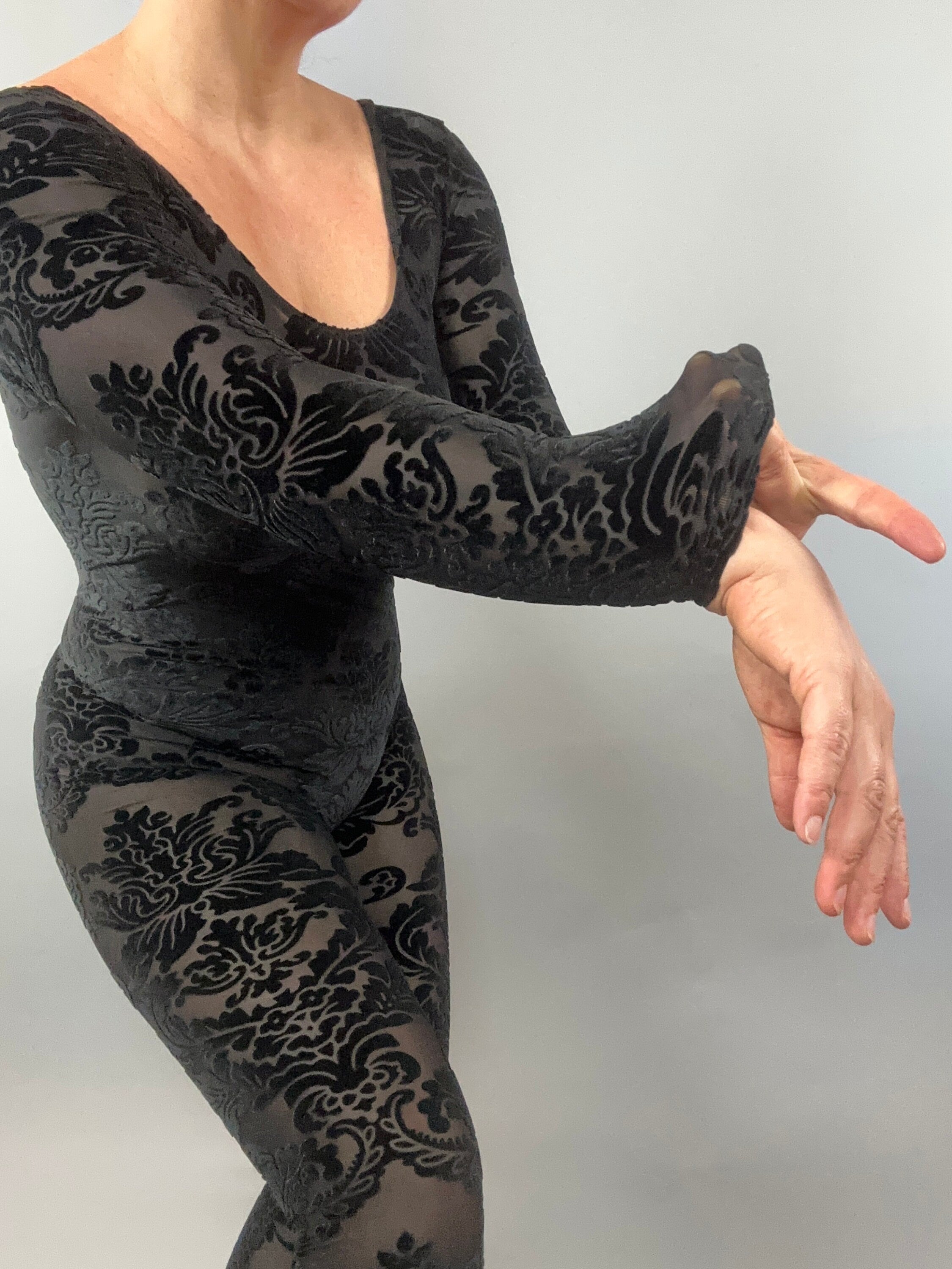 Black Sheer Velvet Bodysuit, Scoop Neck, Full Sleeves