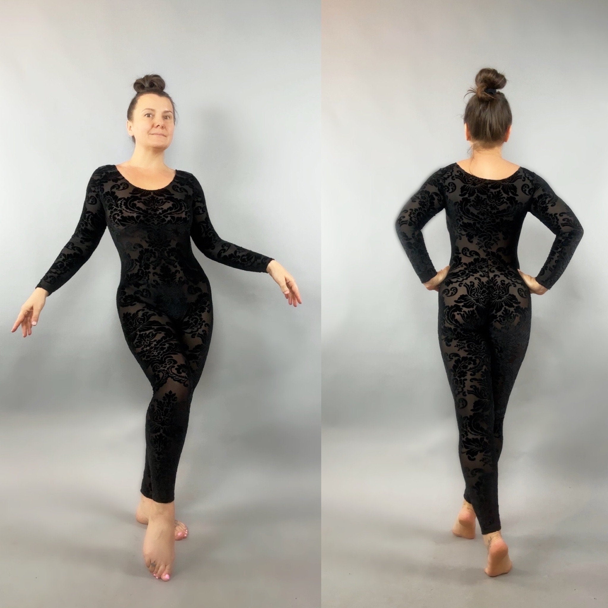 Black Sheer Velvet Bodysuit, Scoop Neck, Full Sleeves