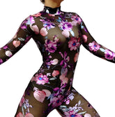Night Bloom Floral Sheer Black Catsuit, Sheer Bodysuit, Turtleneck, Full Sleeves