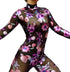 Night Bloom Floral Sheer Black Catsuit, Sheer Bodysuit, Turtleneck, Full Sleeves