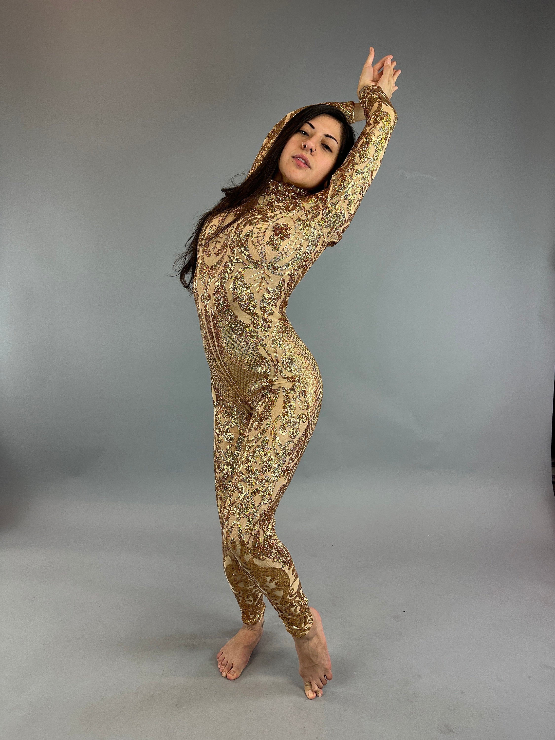Gold Sequin Catsuit, Gold Fairy Costume, Full Sleeves