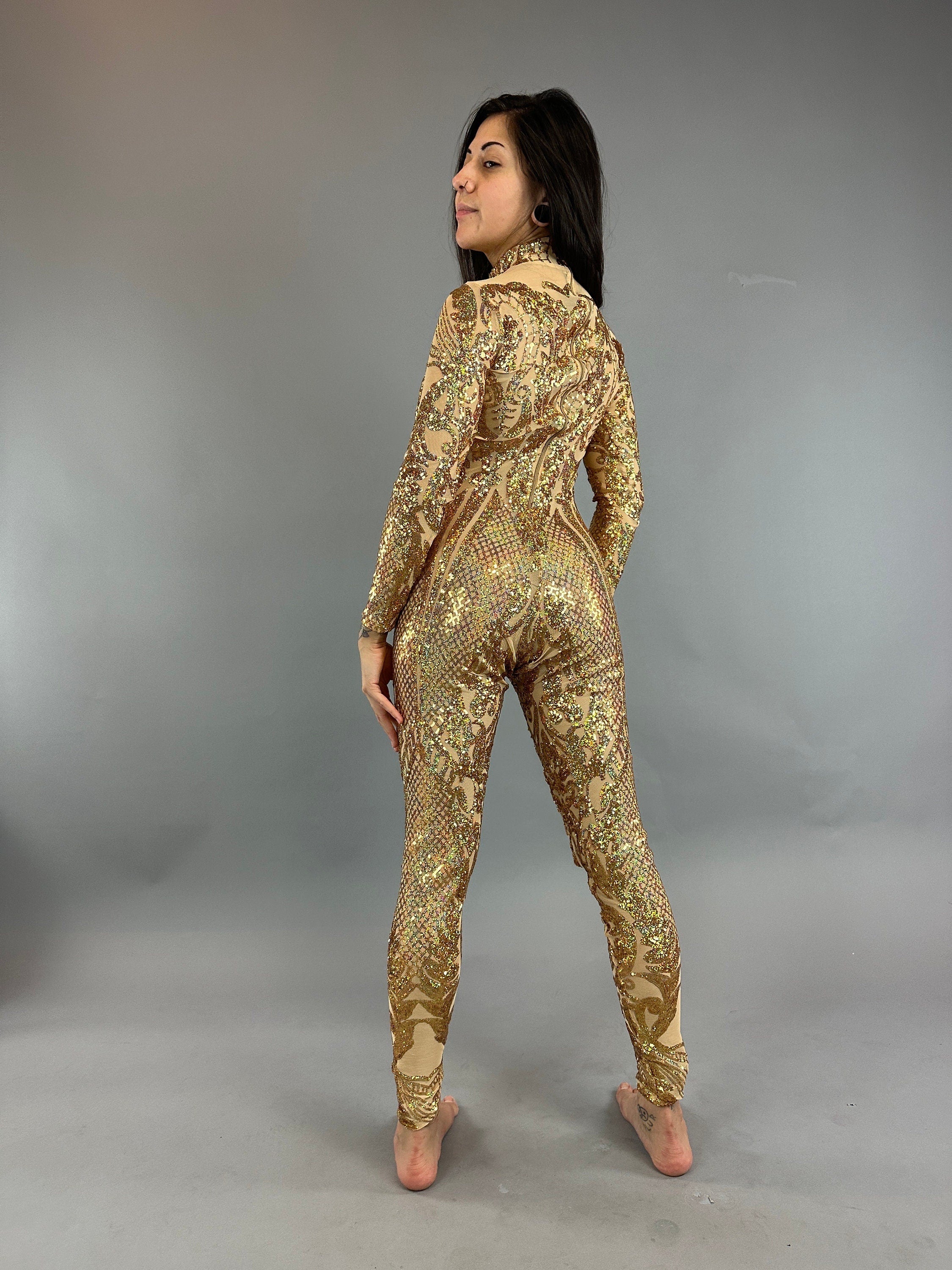 Gold Sequin Catsuit, Gold Fairy Costume, Full Sleeves