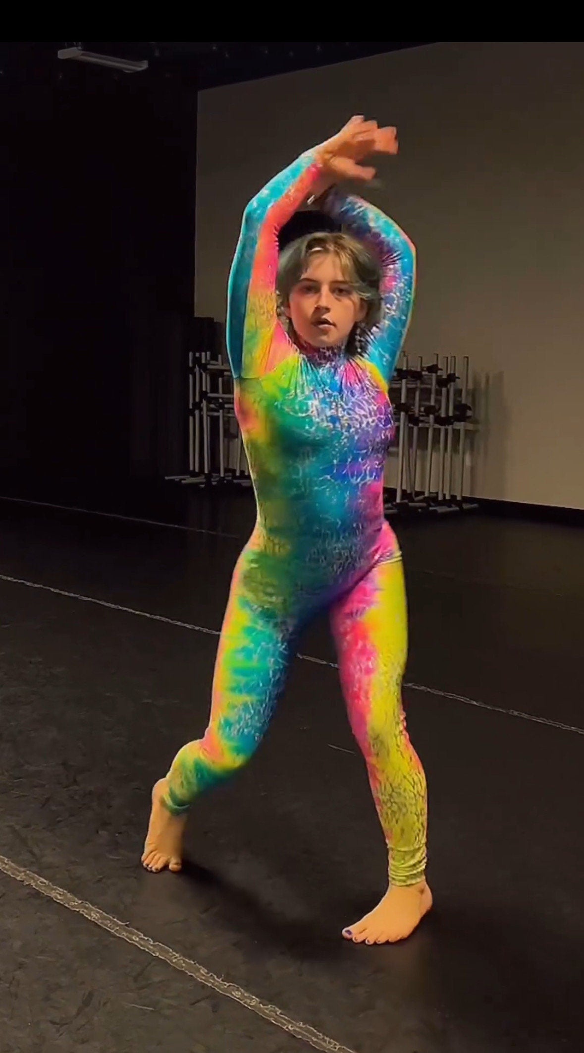 Multicolor Snake Print Catsuit Bodysuit, Full Sleeves, Turtleneck, Heel Straps