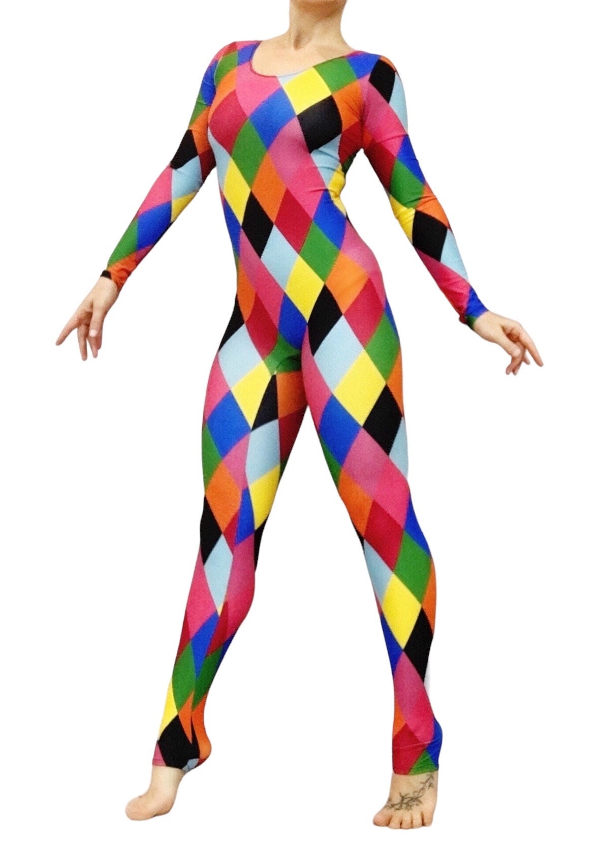 Multicolor Catsuit, Harlequin Costume, Full Sleeves, Scoop Neck