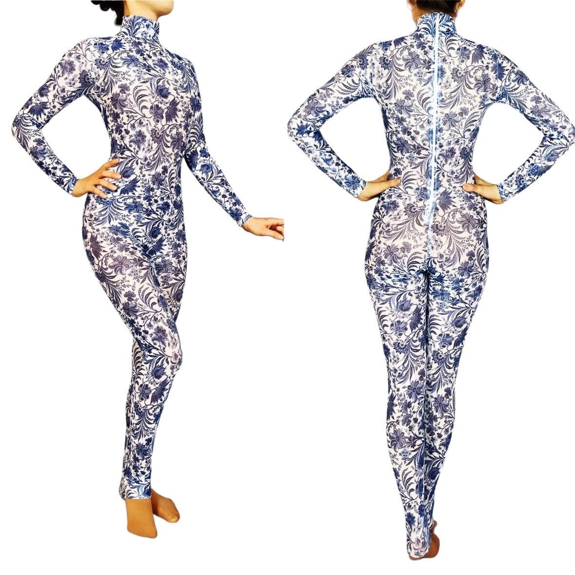 White and Blue Floral Catsuit, Porcelain Power Mesh Spandex Jumpsuit, Full Sleeves, Turtleneck