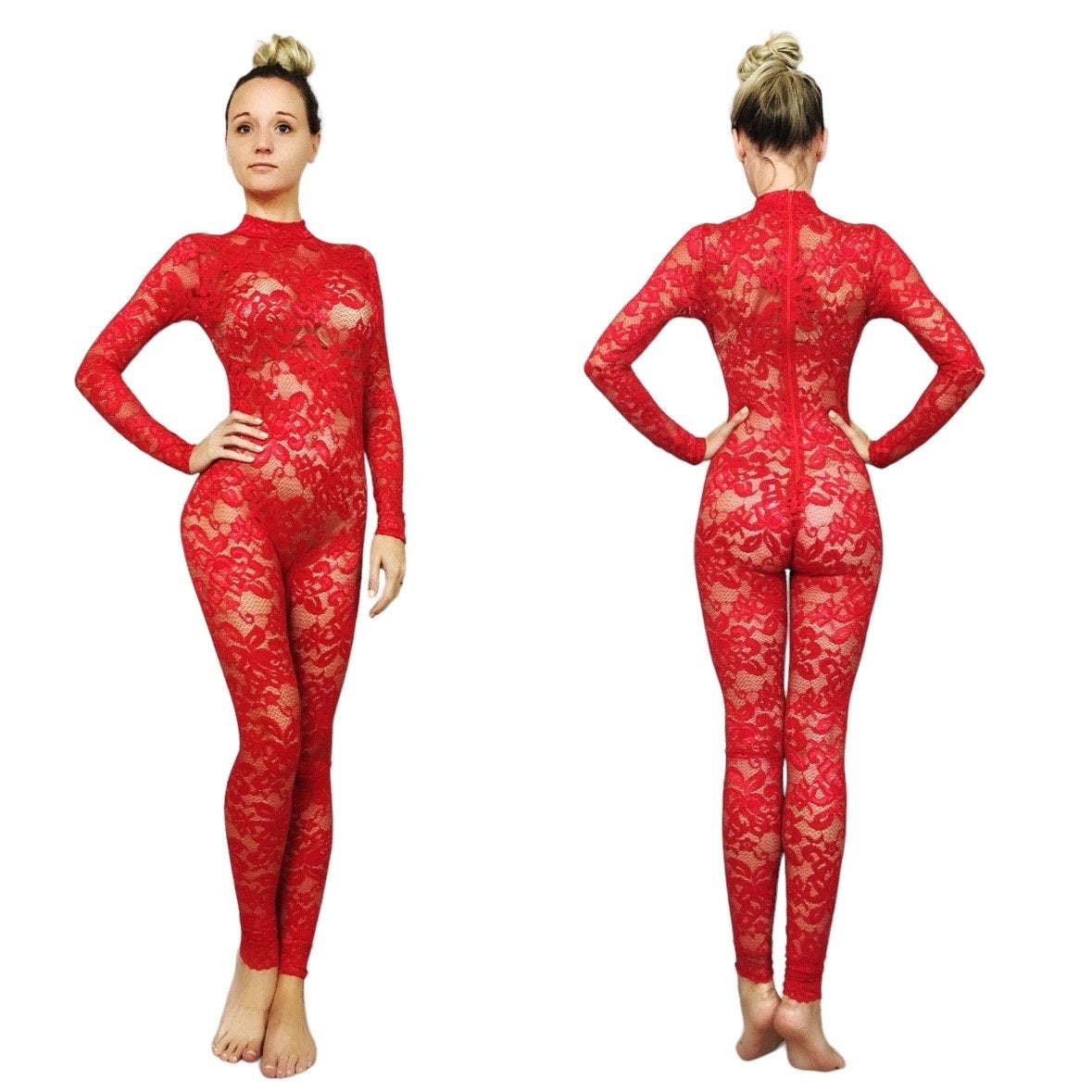 Red Sheer Jumpsuit, Lace Catsuit, Scoop Neck, Full Sleeves