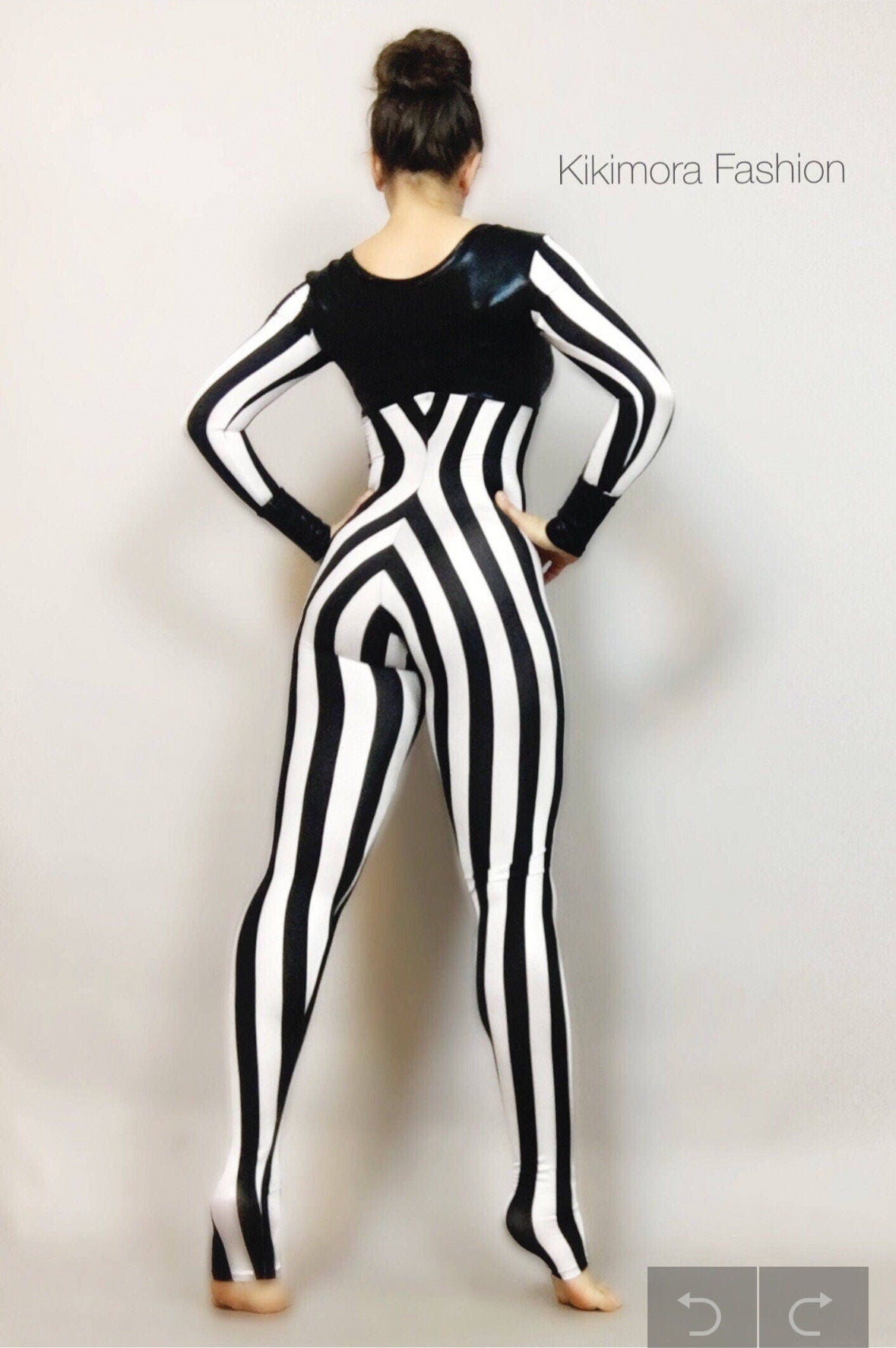 Black and White Striped Jumpsuit, Round Neck, Full Sleeves