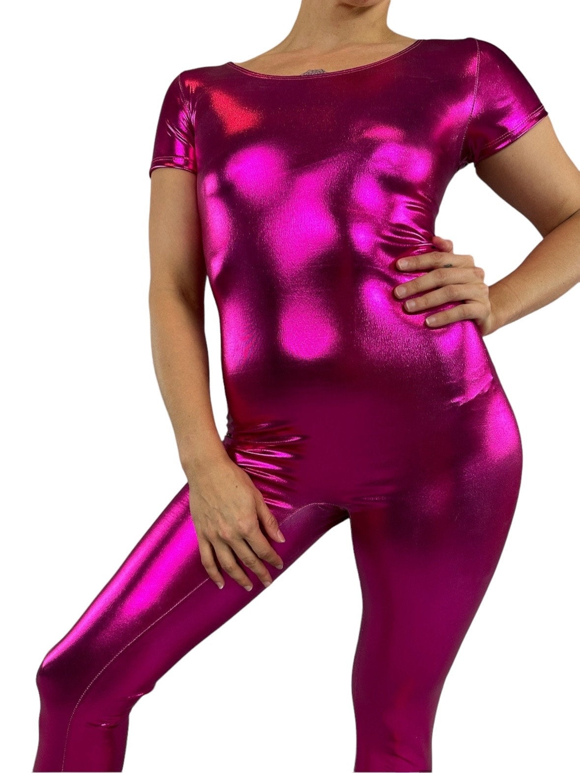 Shiny Spandex Catsuit, Cap Sleeves, Oval Neck