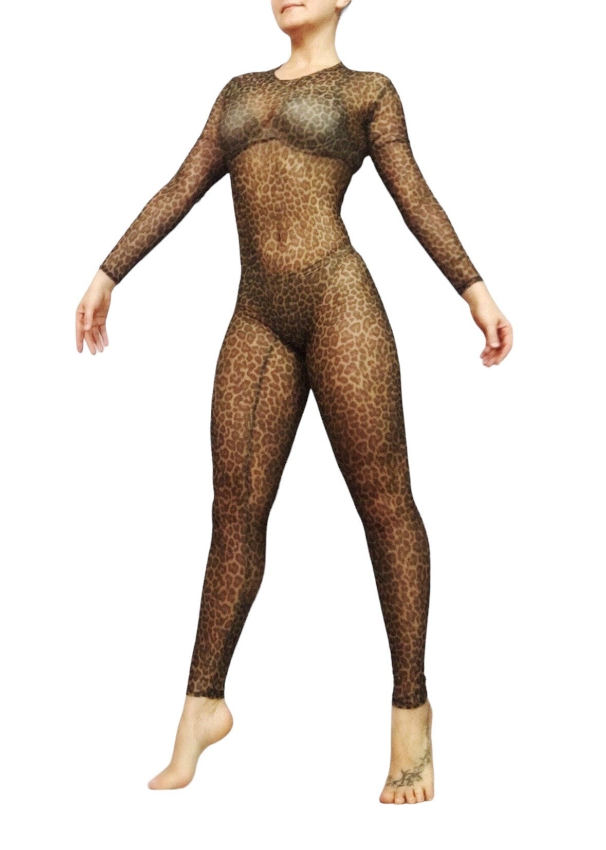 Leopard Print Mesh Jumpsuit, Sheer Cheetah Bodysuit, See Through Catsu Kikimora Fashion Store Leopard Print Mesh Jumpsuit, Sheer Cheetah Bodysuit, See Through Catsu Kikimora Fashion Store