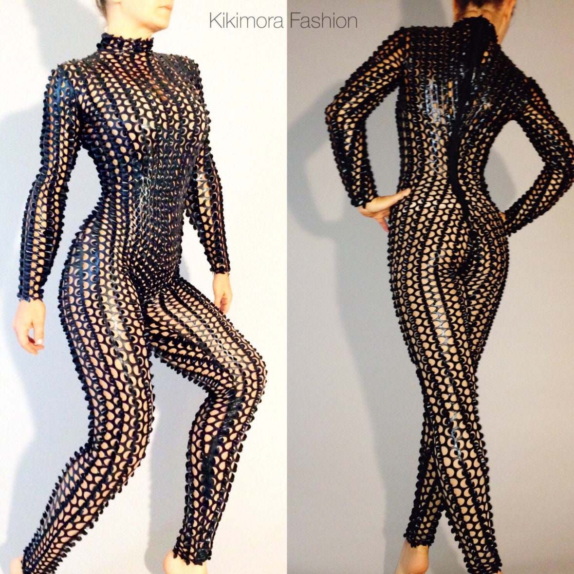 Black Perforated Catsuit, Full Sleeves Unitard, Long Back Zipper, Glossy Metallic Jumpsuit