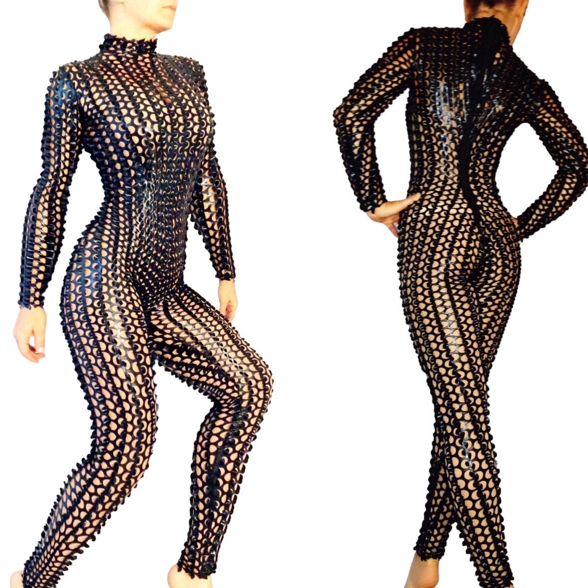 Black Perforated Catsuit, Full Sleeves Unitard, Long Back Zipper, Glossy Metallic Jumpsuit