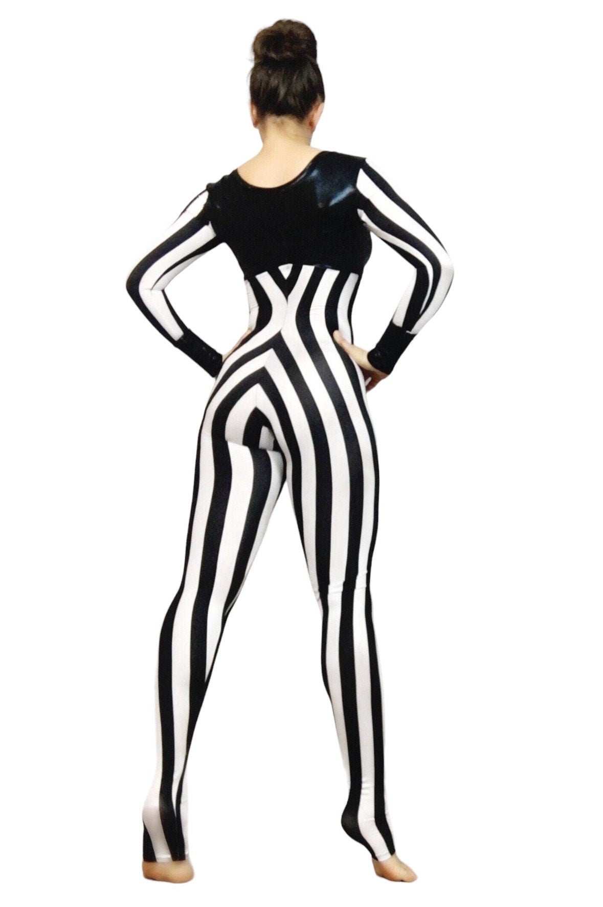 Black and White Striped Jumpsuit, Round Neck, Full Sleeves