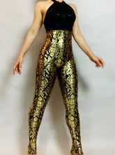 Black and Gold Sleeveless Catsuit, Halterneck, Backless, Sleeveless