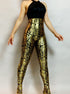 Black and Gold Sleeveless Catsuit, Halterneck, Backless, Sleeveless