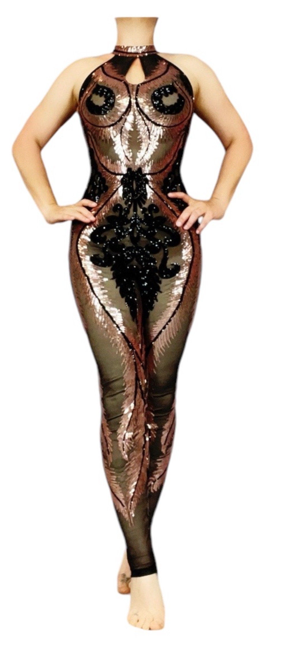 Showgirl Costume, Sexy Open Back, Sequins Mesh Catsuit, Unitard for Contortionist, Sheer Jumpsuit, Dance Party Outfit