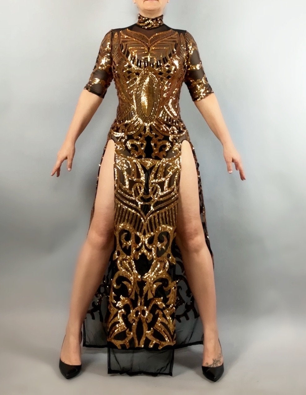 Gold Sequin on Black Sheer Dress, Thigh-High Slits, Turtleneck