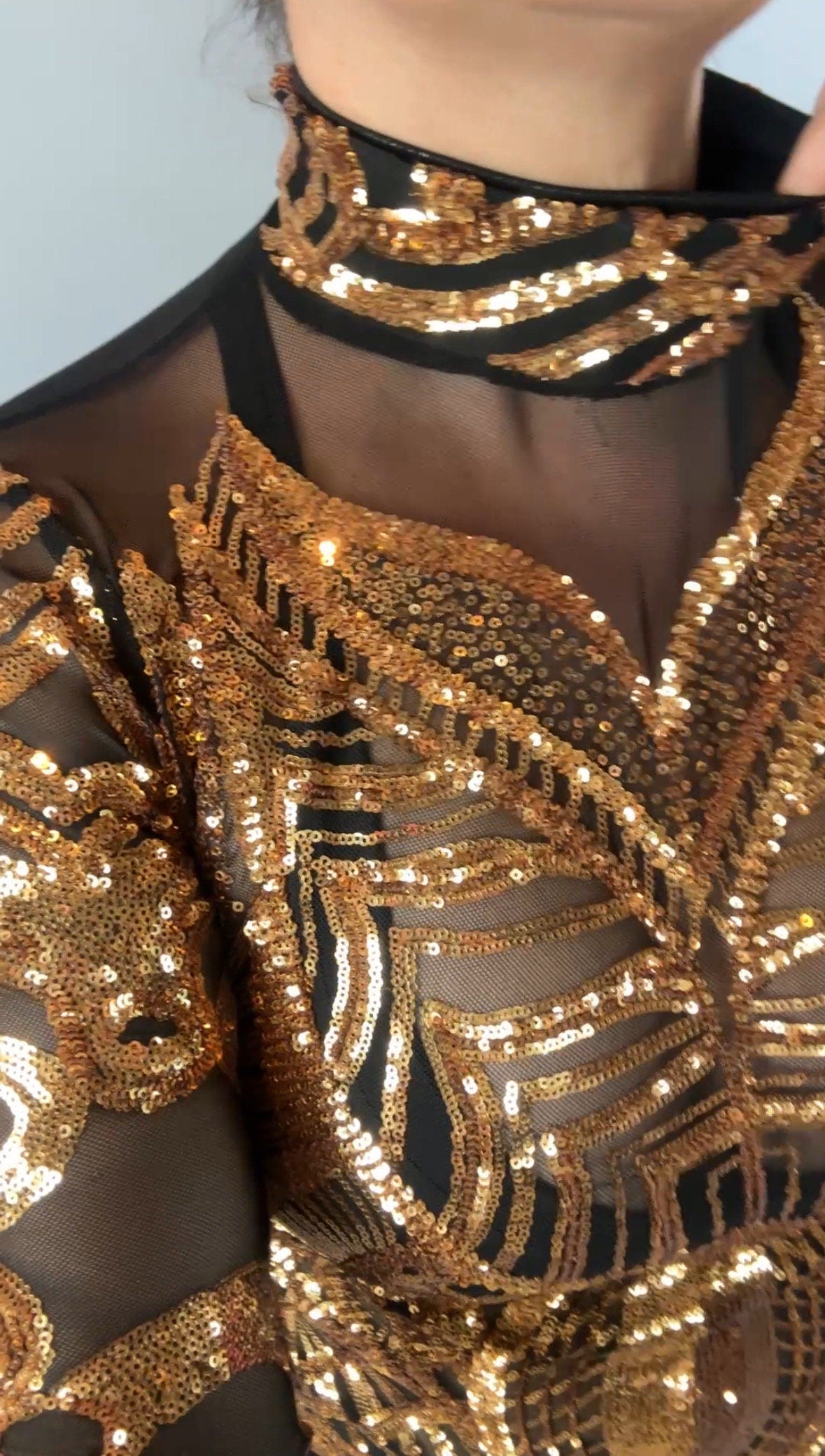 Gold Sequin on Black Sheer Dress, Thigh-High Slits, Turtleneck