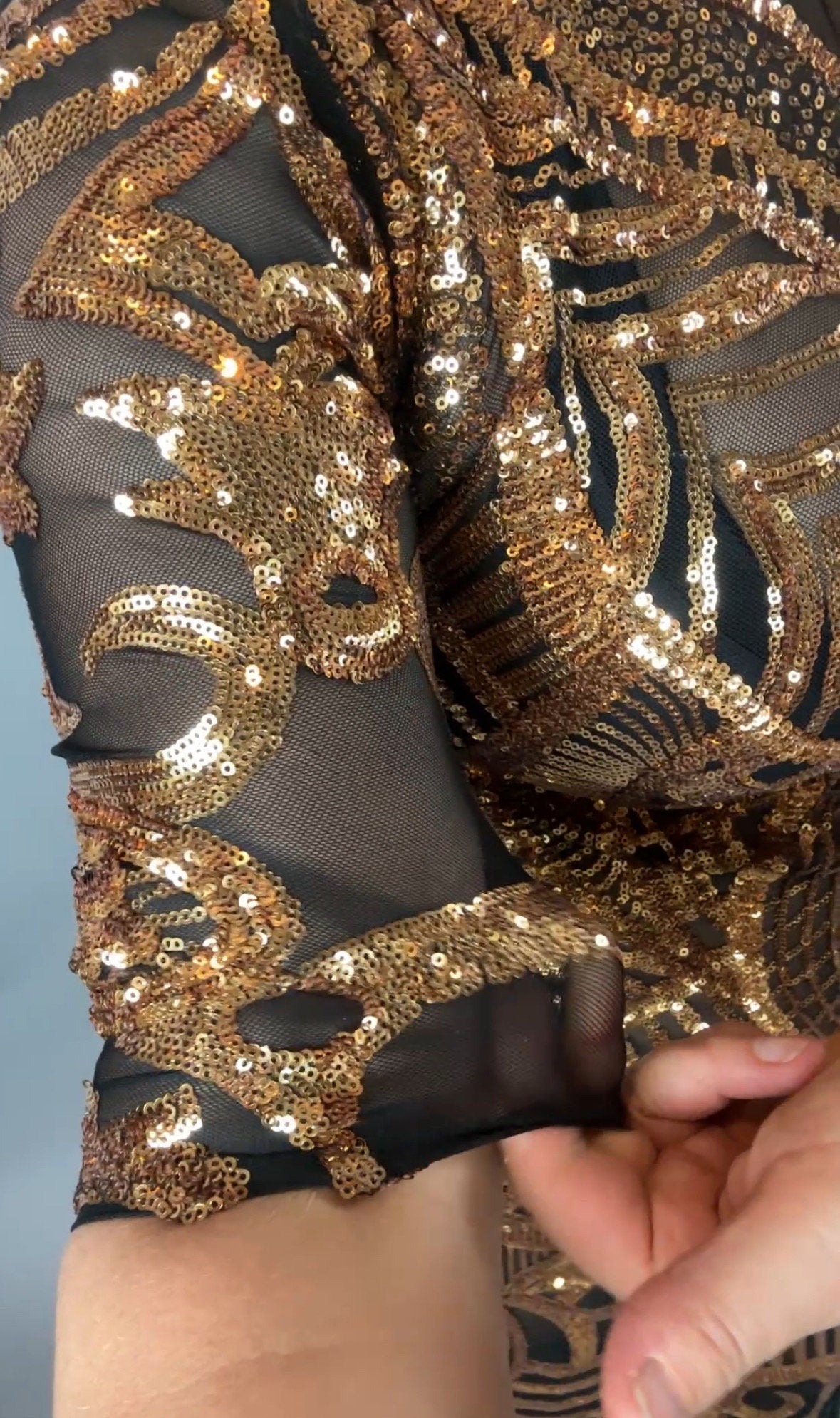 Gold Sequin on Black Sheer Dress, Thigh-High Slits, Turtleneck