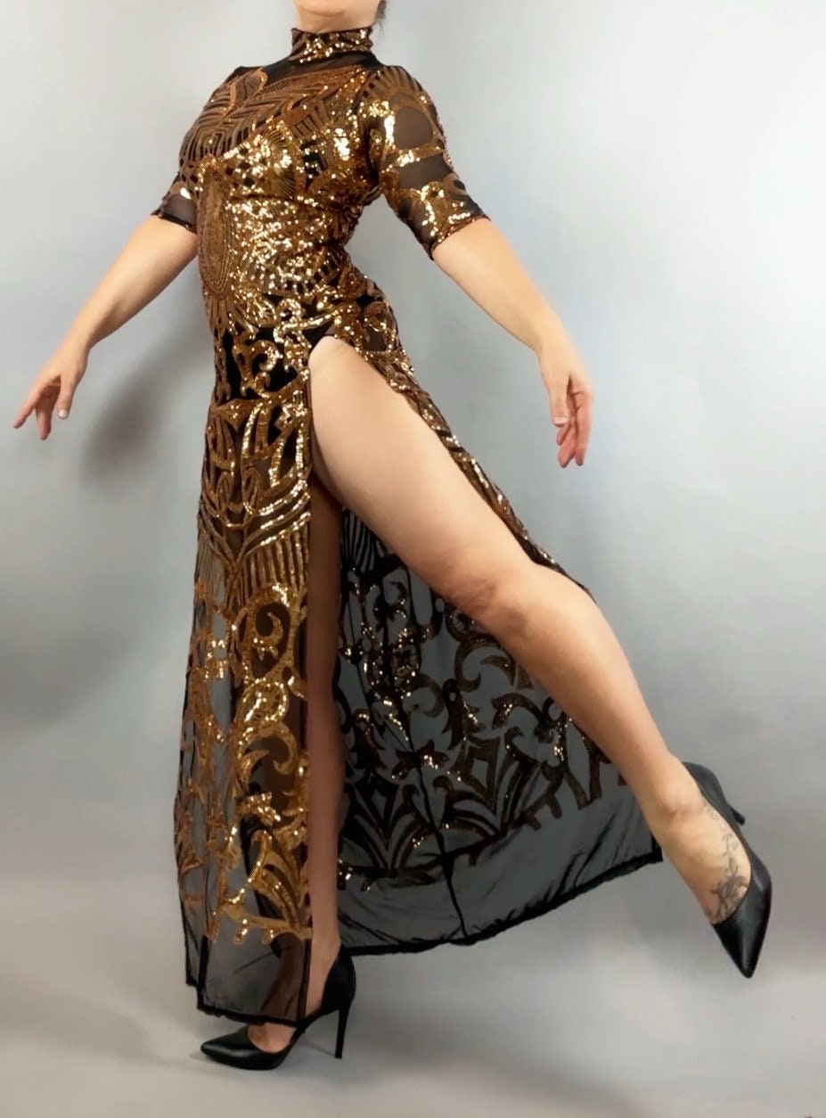 Gold Sequin on Black Sheer Dress, Thigh-High Slits, Turtleneck