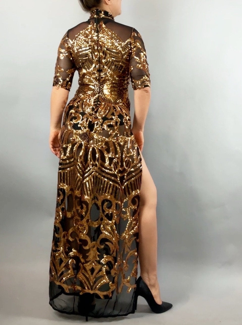 Gold Sequin on Black Sheer Dress, Thigh-High Slits, Turtleneck