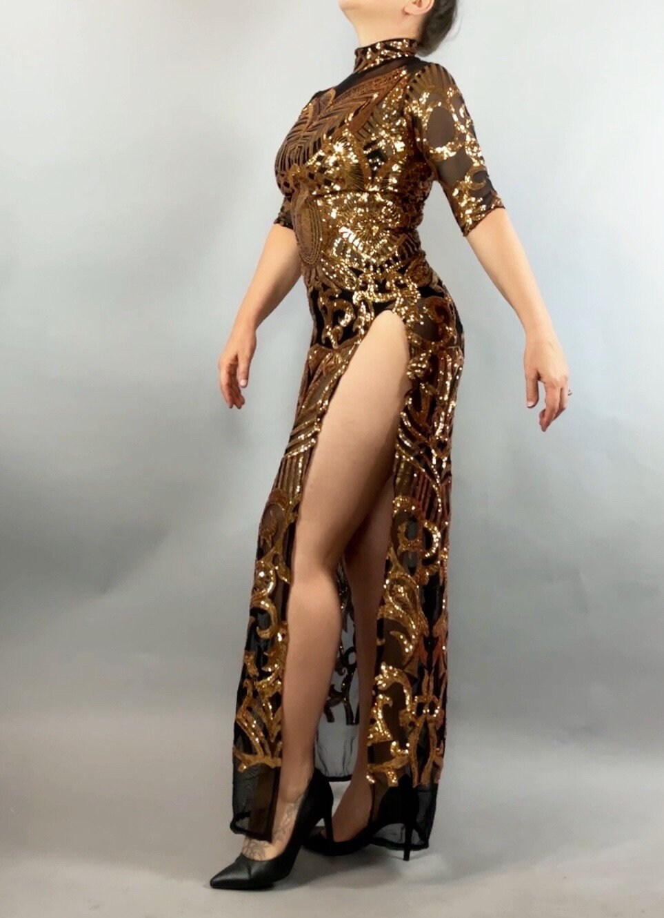 Gold Sequin on Black Sheer Dress, Thigh-High Slits, Turtleneck Gold Sequin on Black Sheer Dress, Thigh-High Slits, Turtleneck