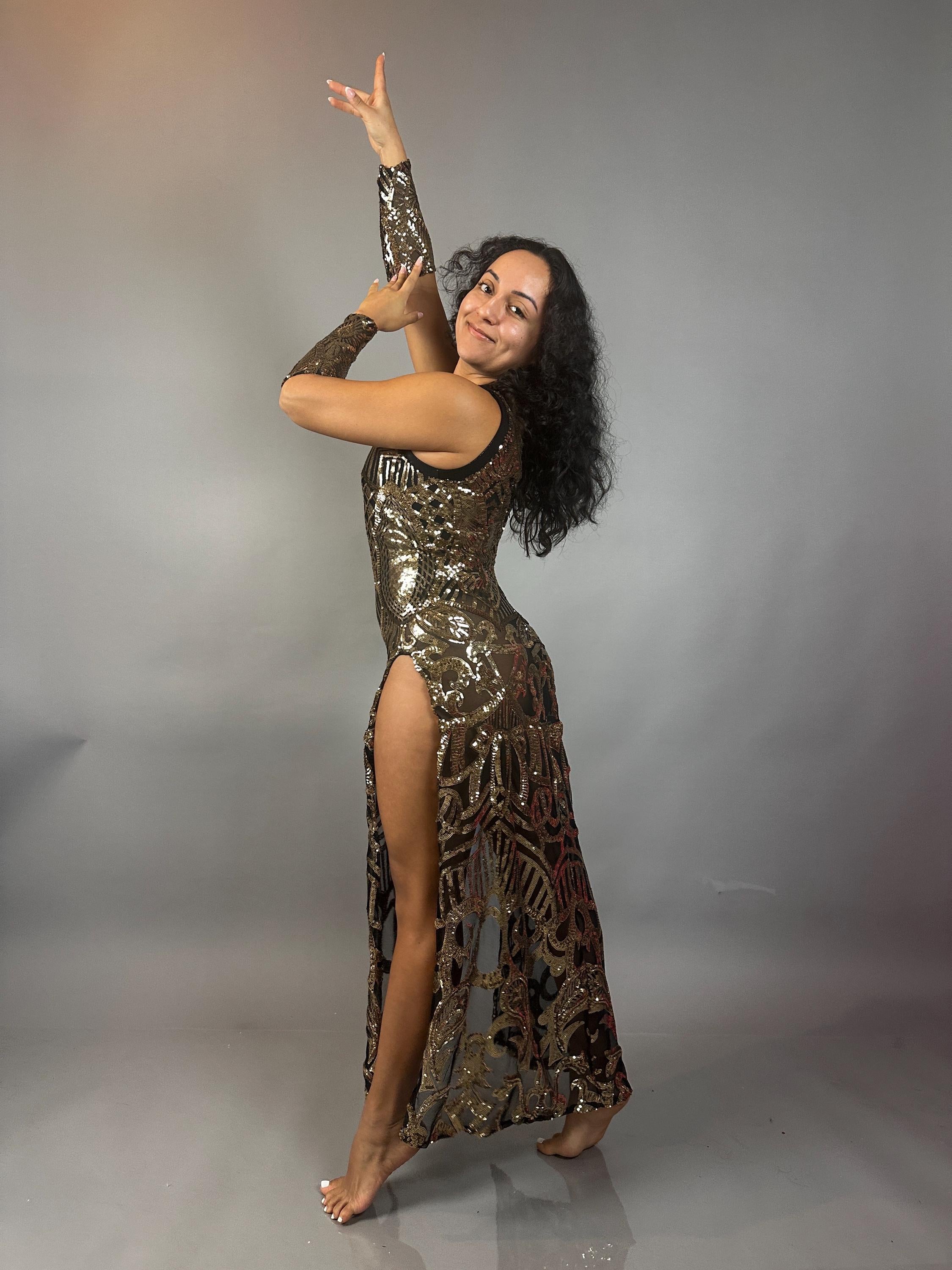 Gold Sequin On Black Sheer Dress, High-Slit Sleeveless Maxi Dress, Includes Hand Accessories