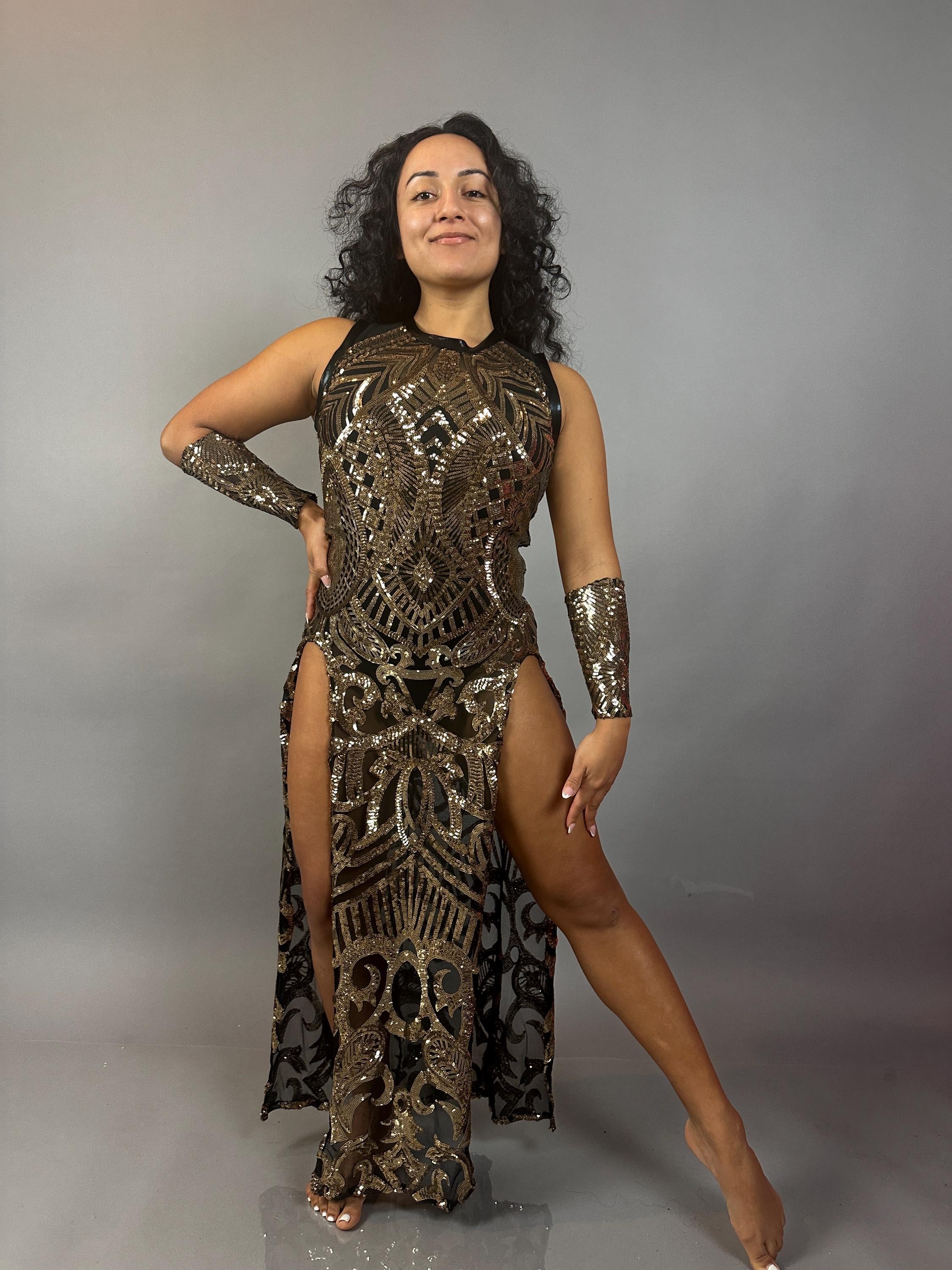 Gold Sequin On Black Sheer Dress, High-Slit Sleeveless Maxi Dress, Includes Hand Accessories
