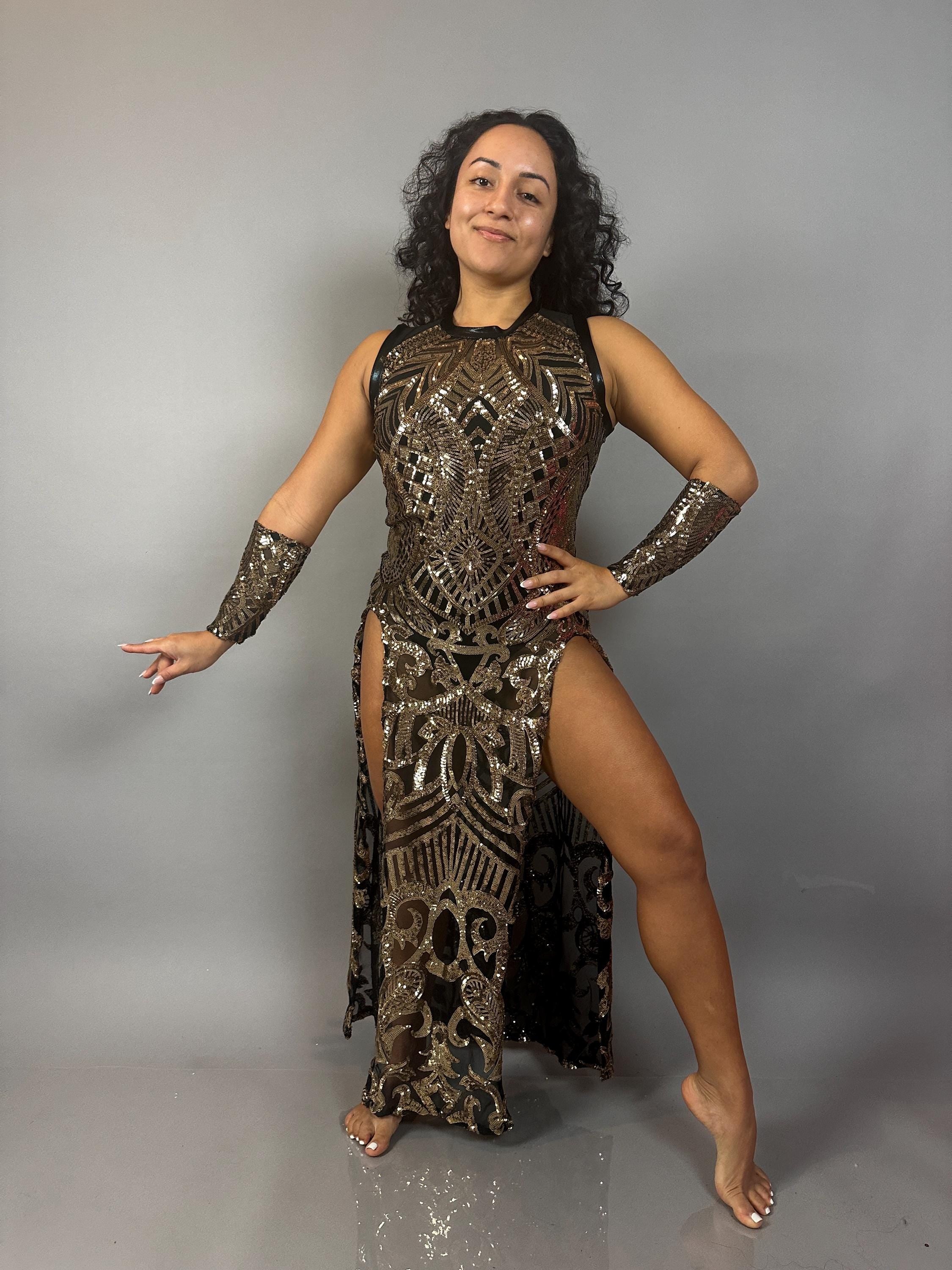 Gold Sequin On Black Sheer Dress, High-Slit Sleeveless Maxi Dress, Includes Hand Accessories