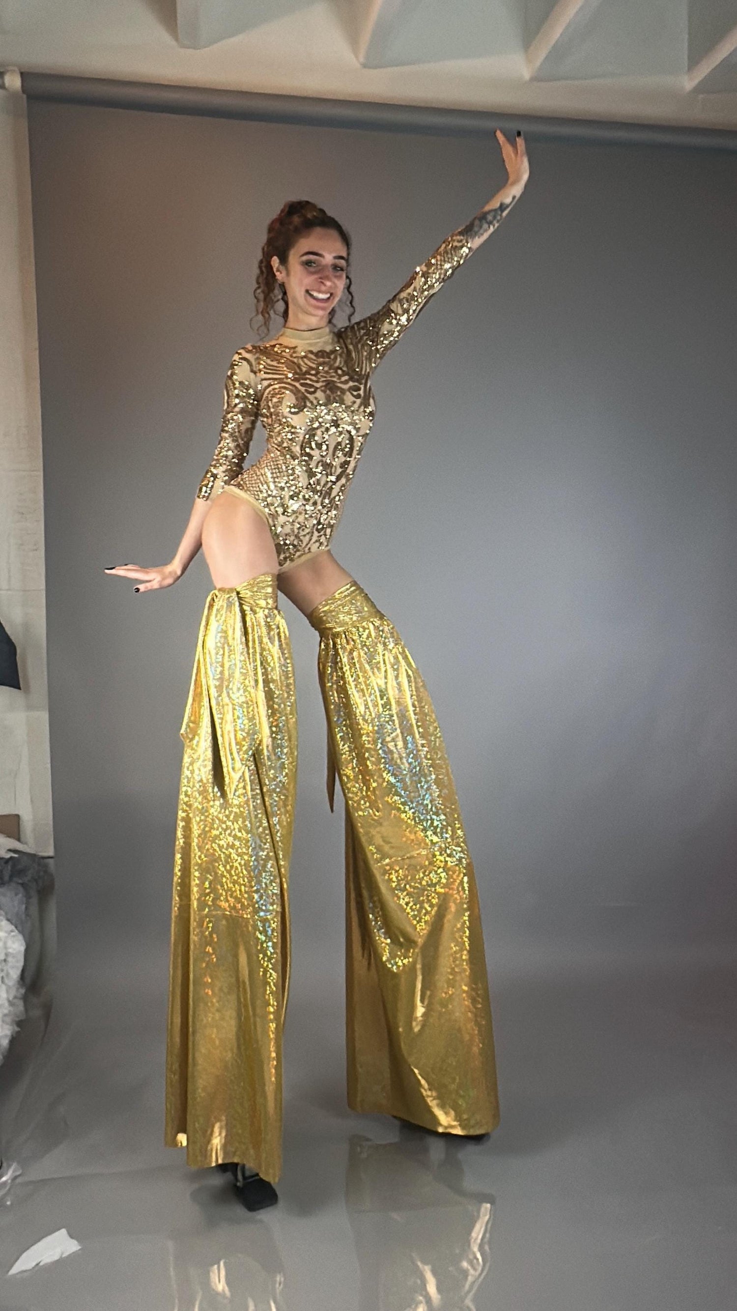 Gold Shiny Stilt Cover, Long And Flared Pant Covers