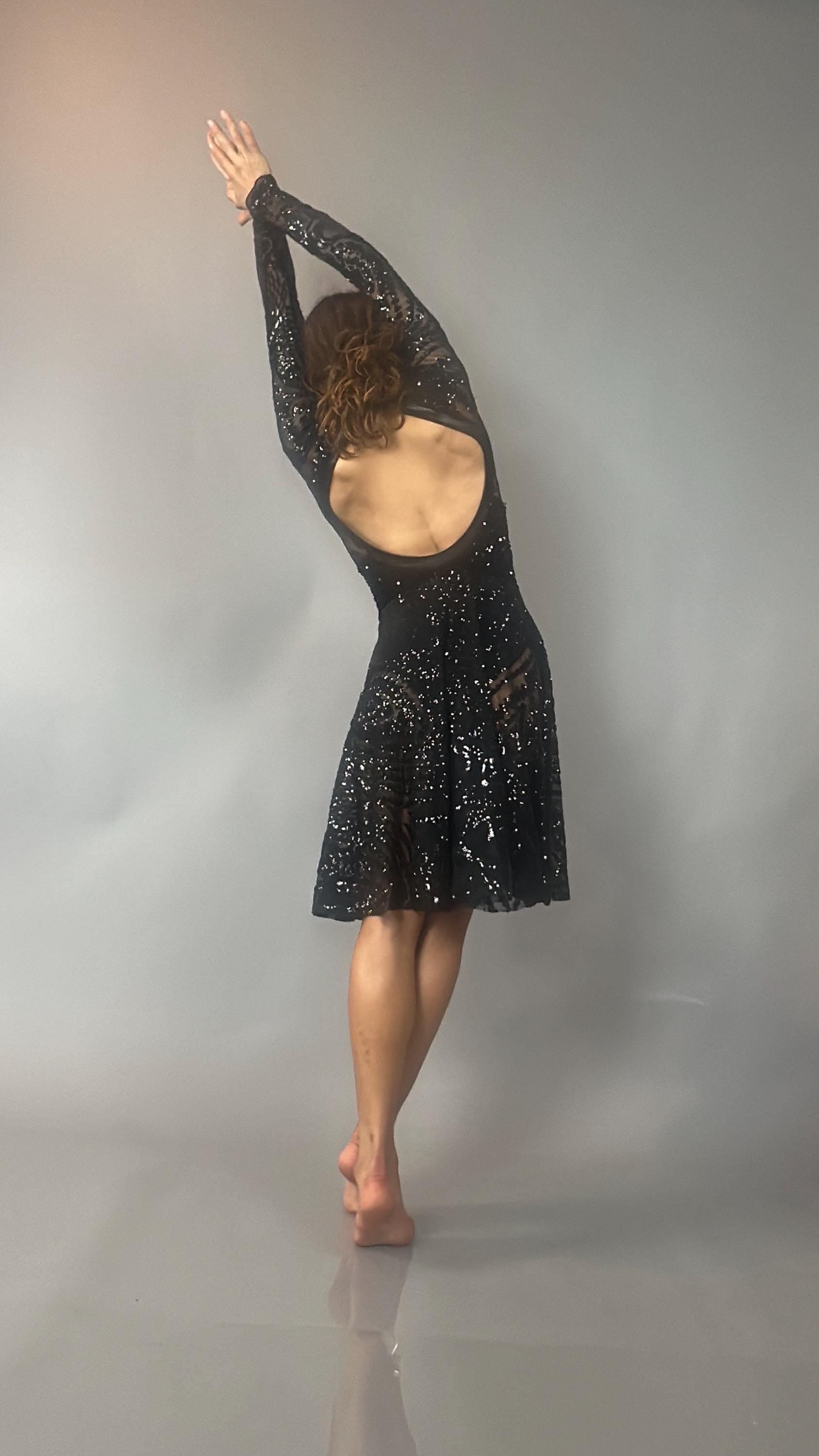 Black Sequin Leotard, Full Sleeves, Attached Skirt