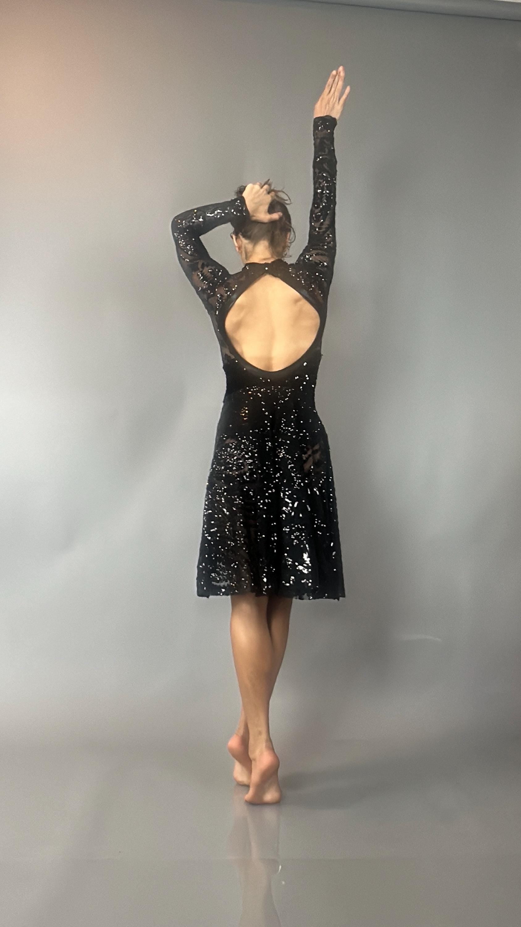 Black Sequin Leotard, Full Sleeves, Attached Skirt