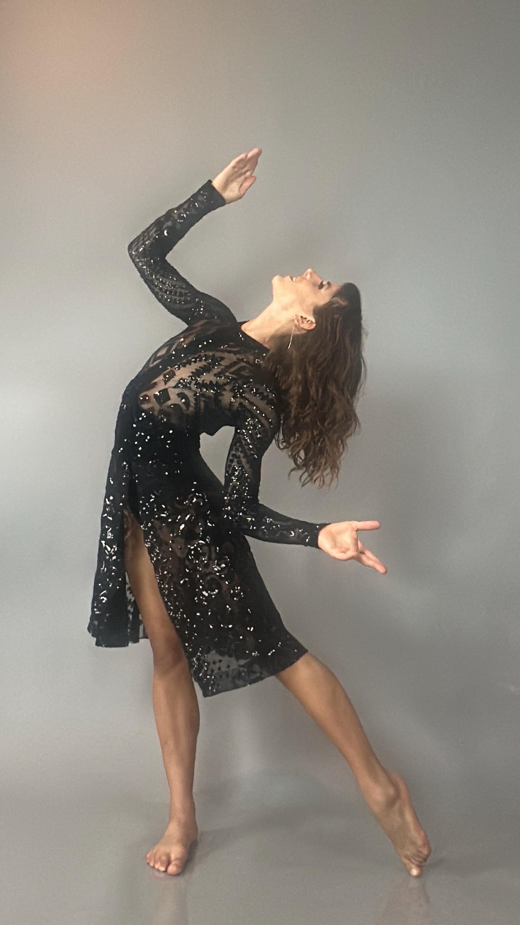 Black Sequin Leotard, Full Sleeves, Attached Skirt