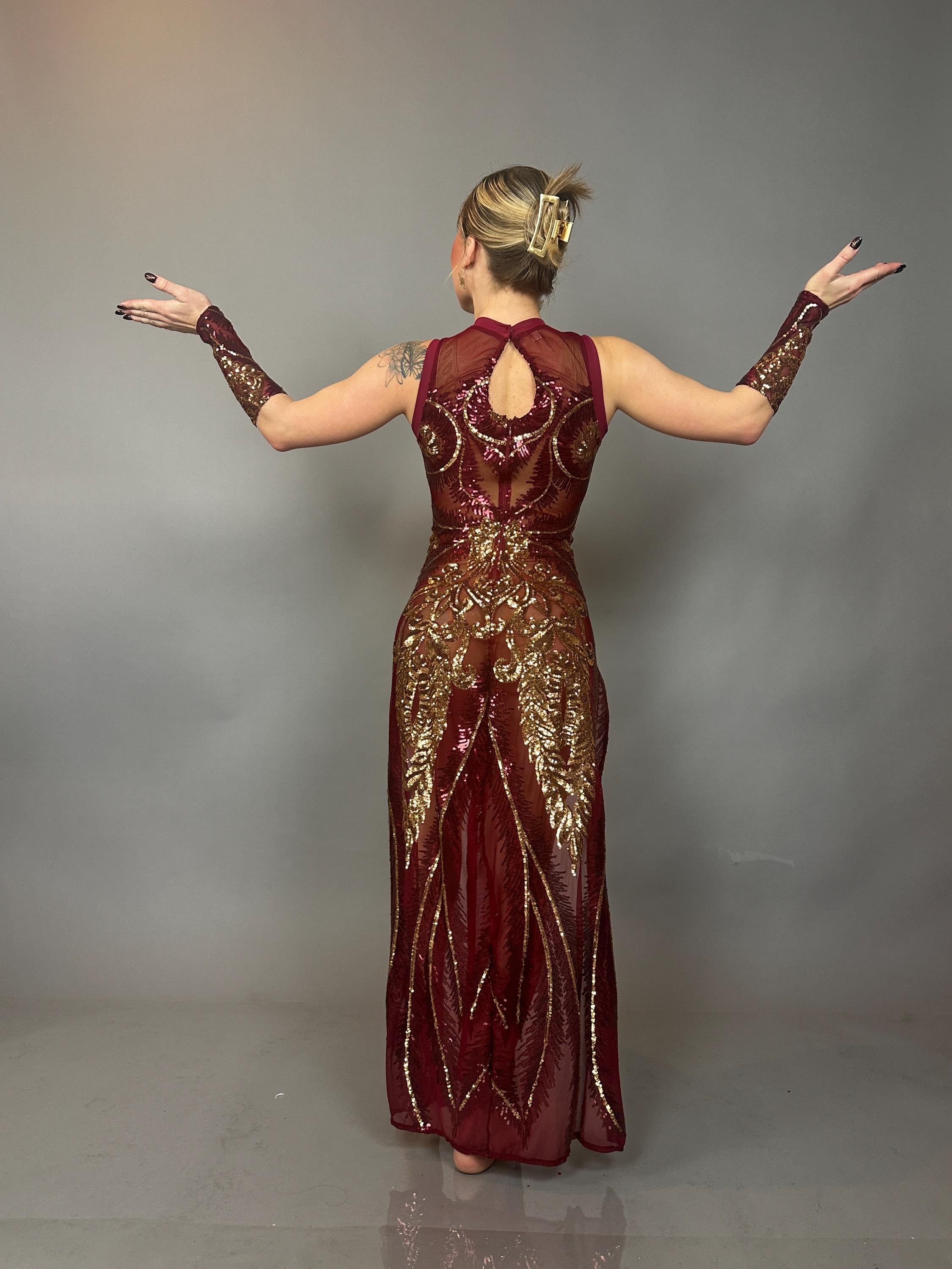 Red And Gold Sequin Sheer Dress, Sleeveless, Includes Hand Accessories