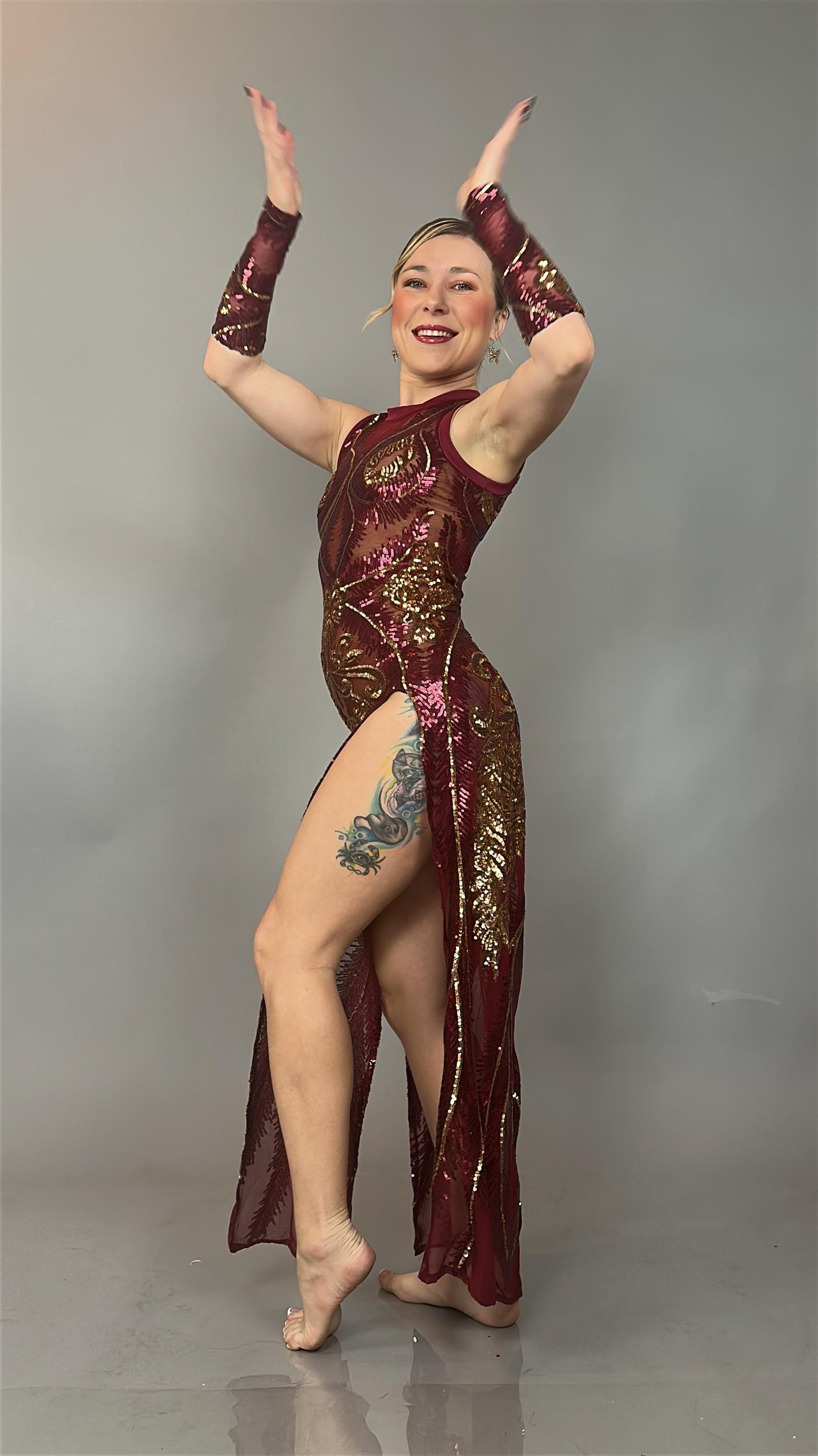 Red And Gold Sequin Sheer Dress, Sleeveless, Includes Hand Accessories