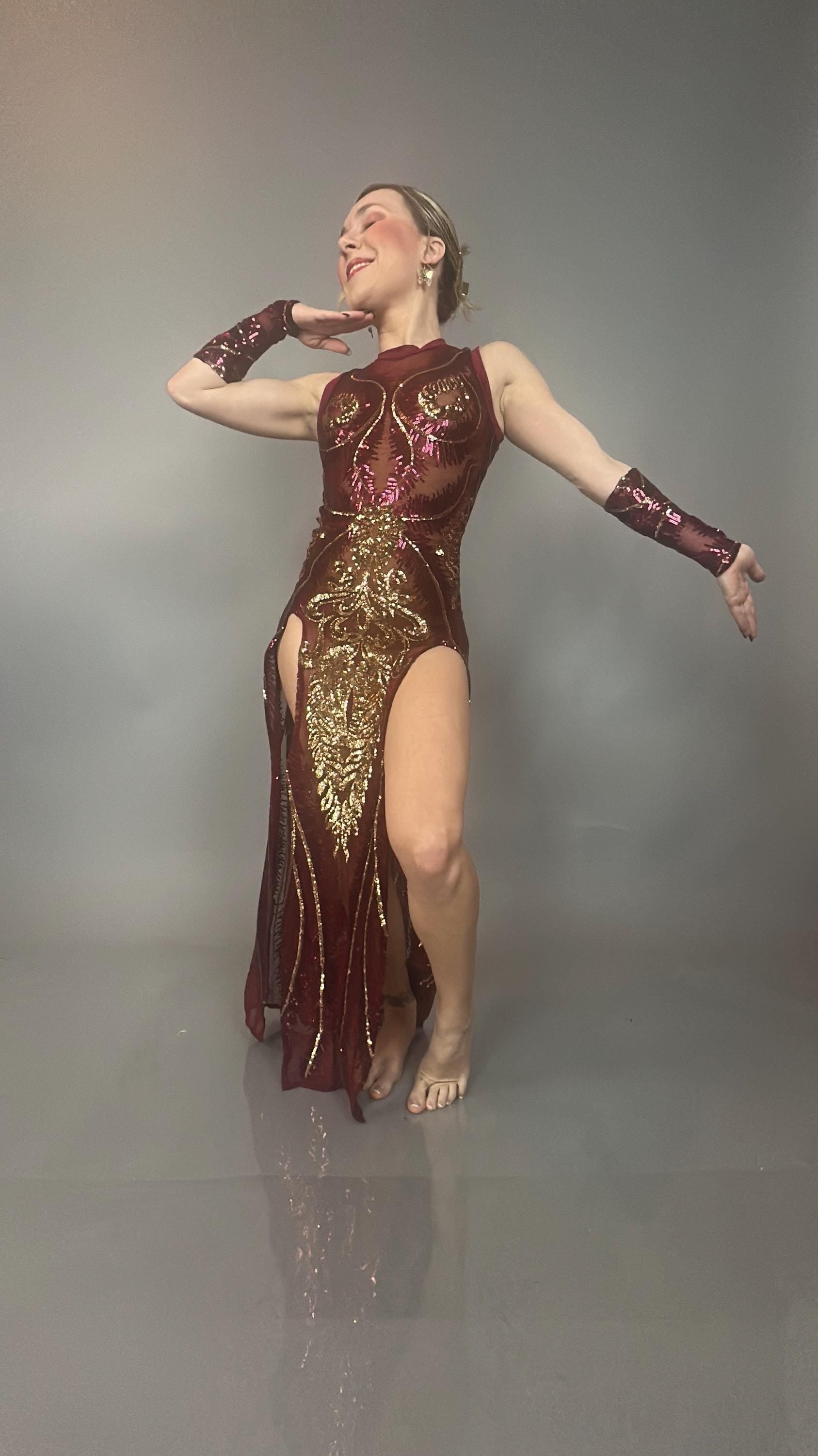 Red And Gold Sequin Sheer Dress, Sleeveless, Includes Hand Accessories