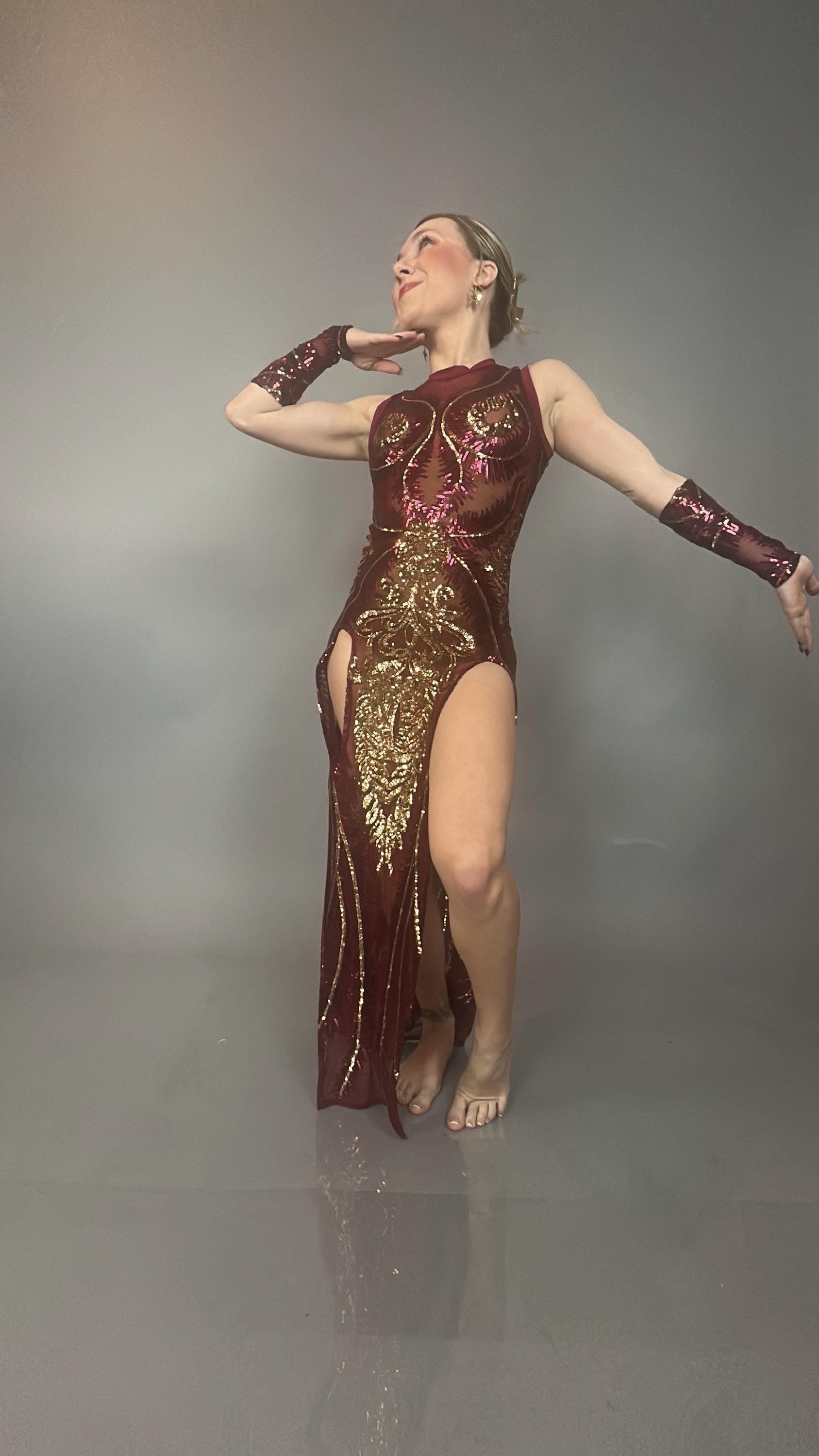 Red And Gold Sequin Sheer Dress, Sleeveless, Includes Hand Accessories