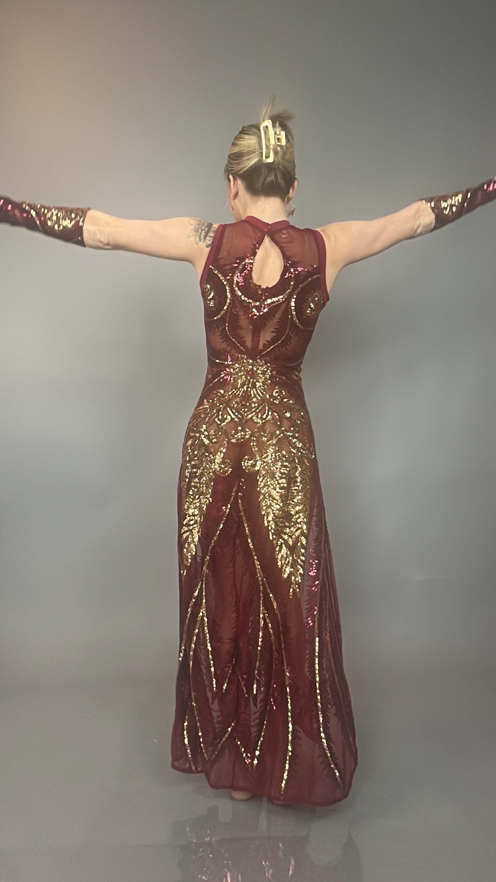 Red And Gold Sequin Sheer Dress, Sleeveless, Includes Hand Accessories