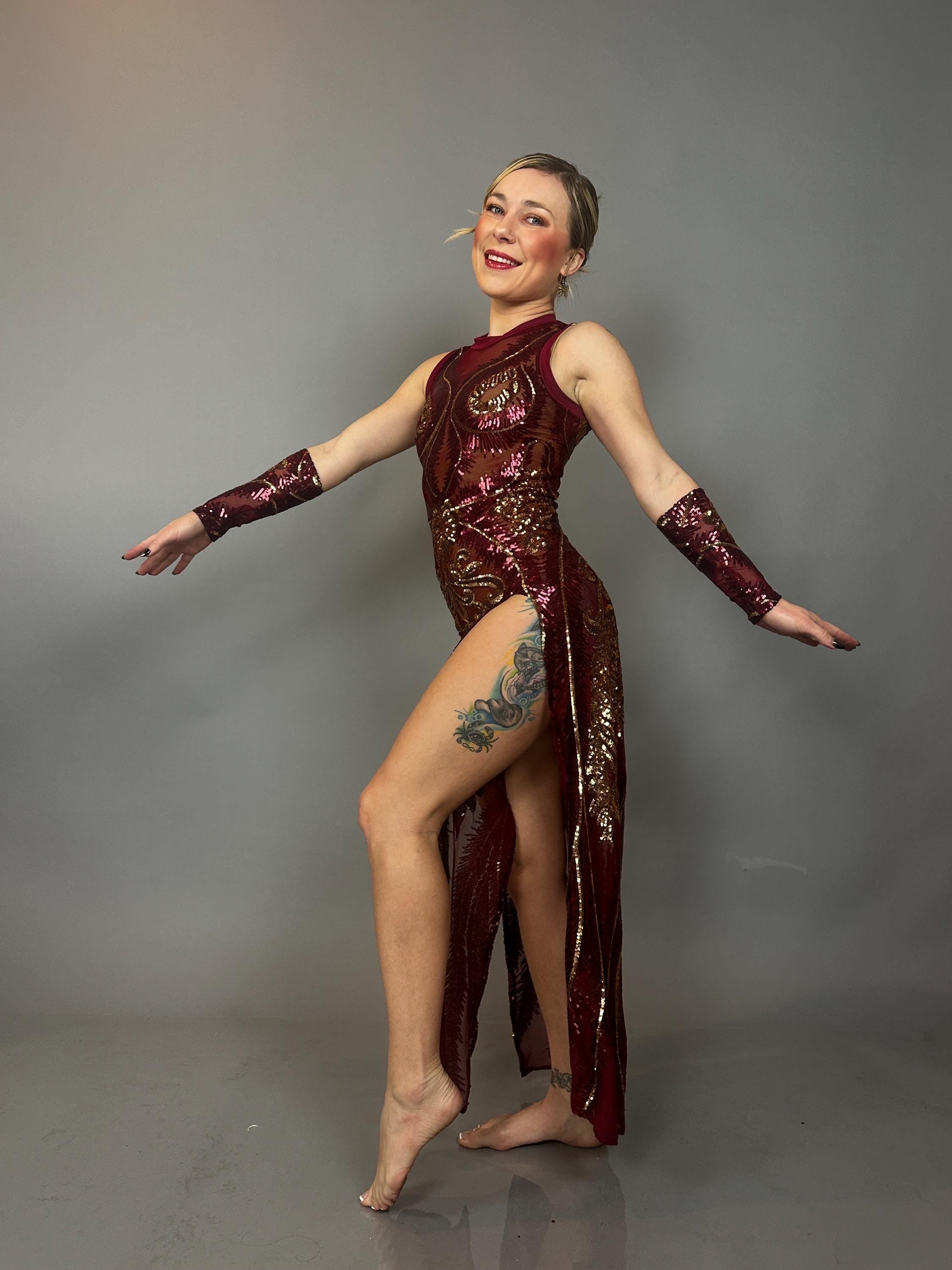 Red And Gold Sequin Sheer Dress, Sleeveless, Includes Hand Accessories