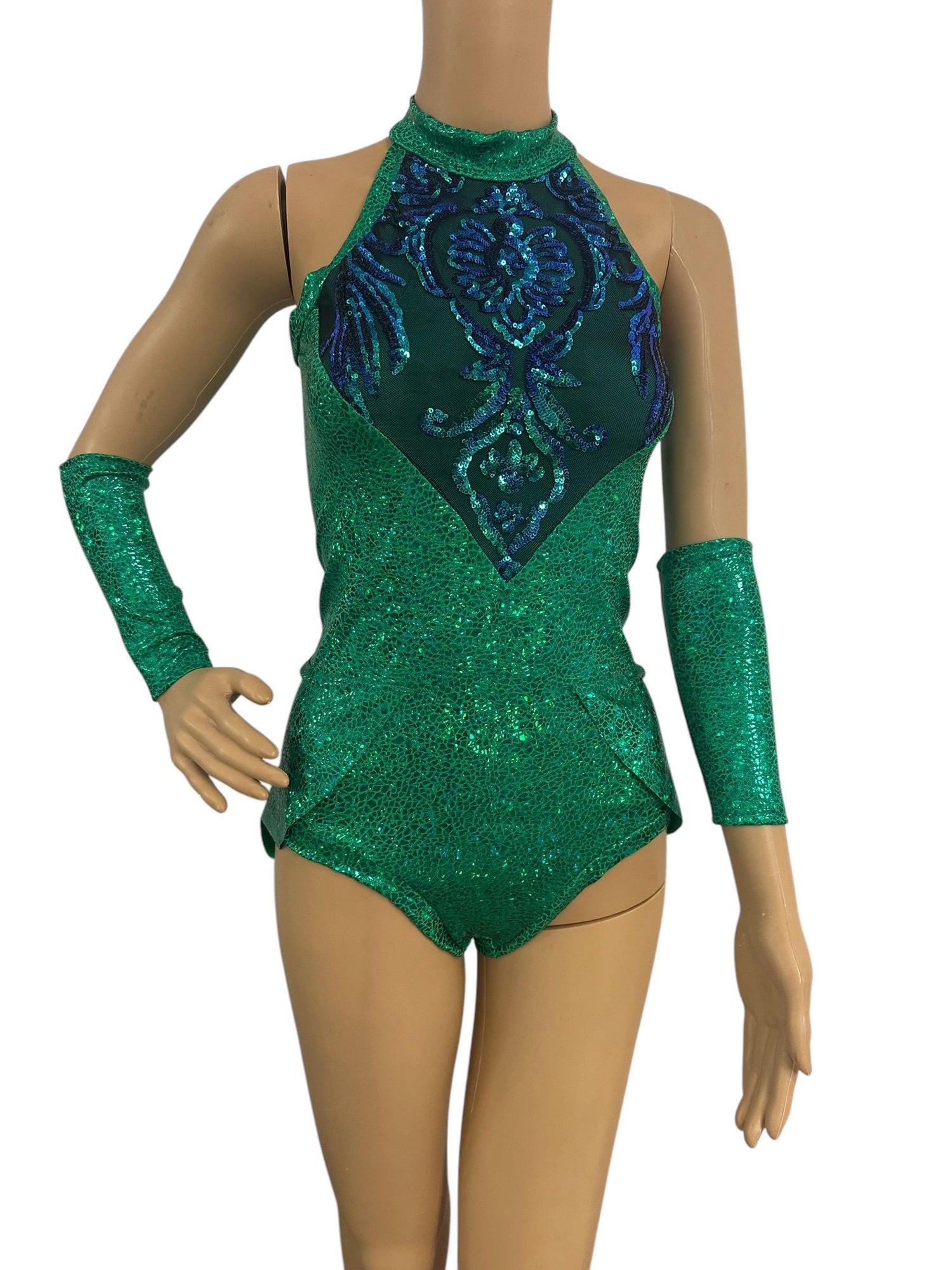 Shiny Green Leotard, Halterneck, Hand Accessories