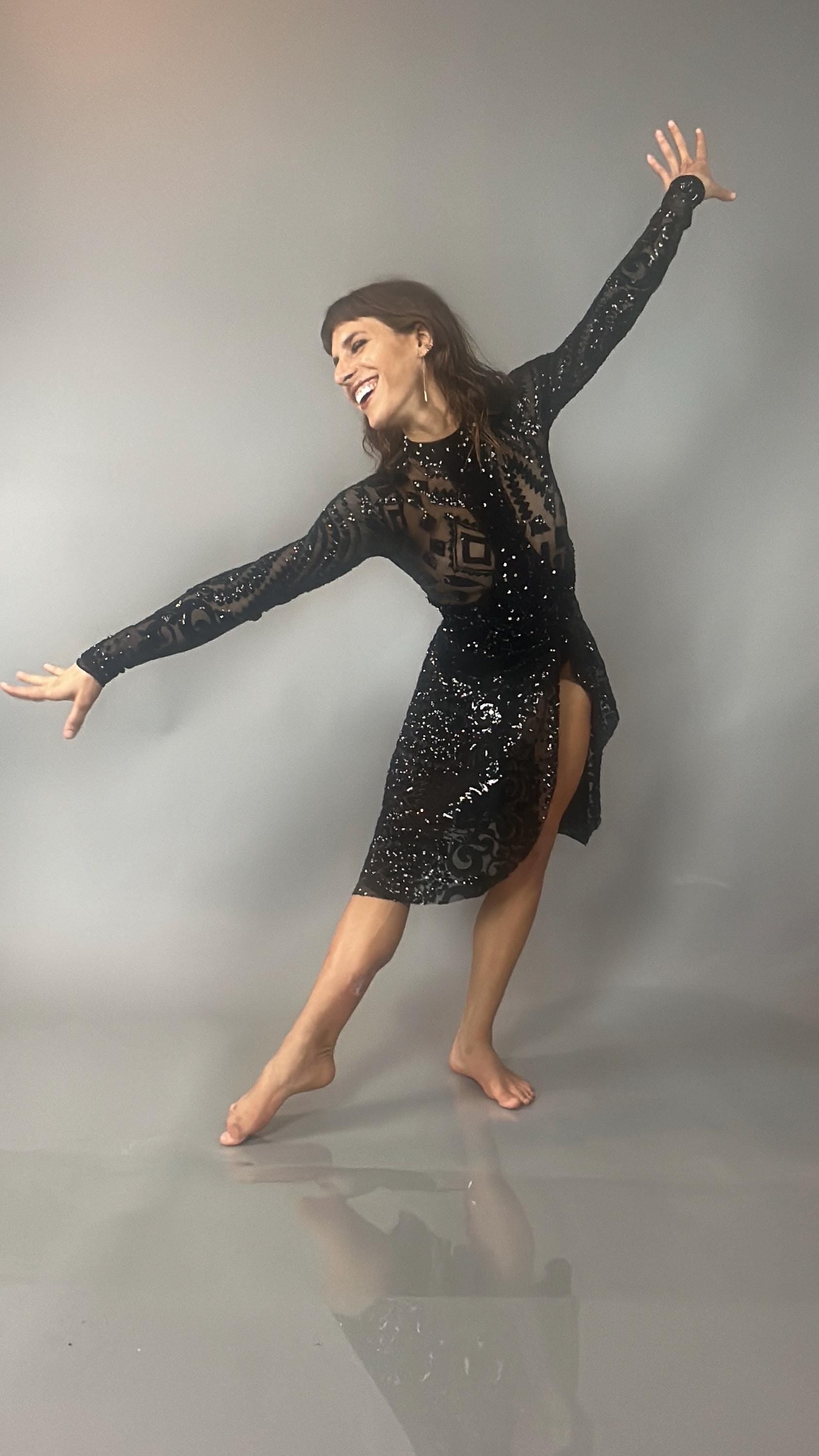 Black Sequin Leotard, Full Sleeves, Attached Skirt