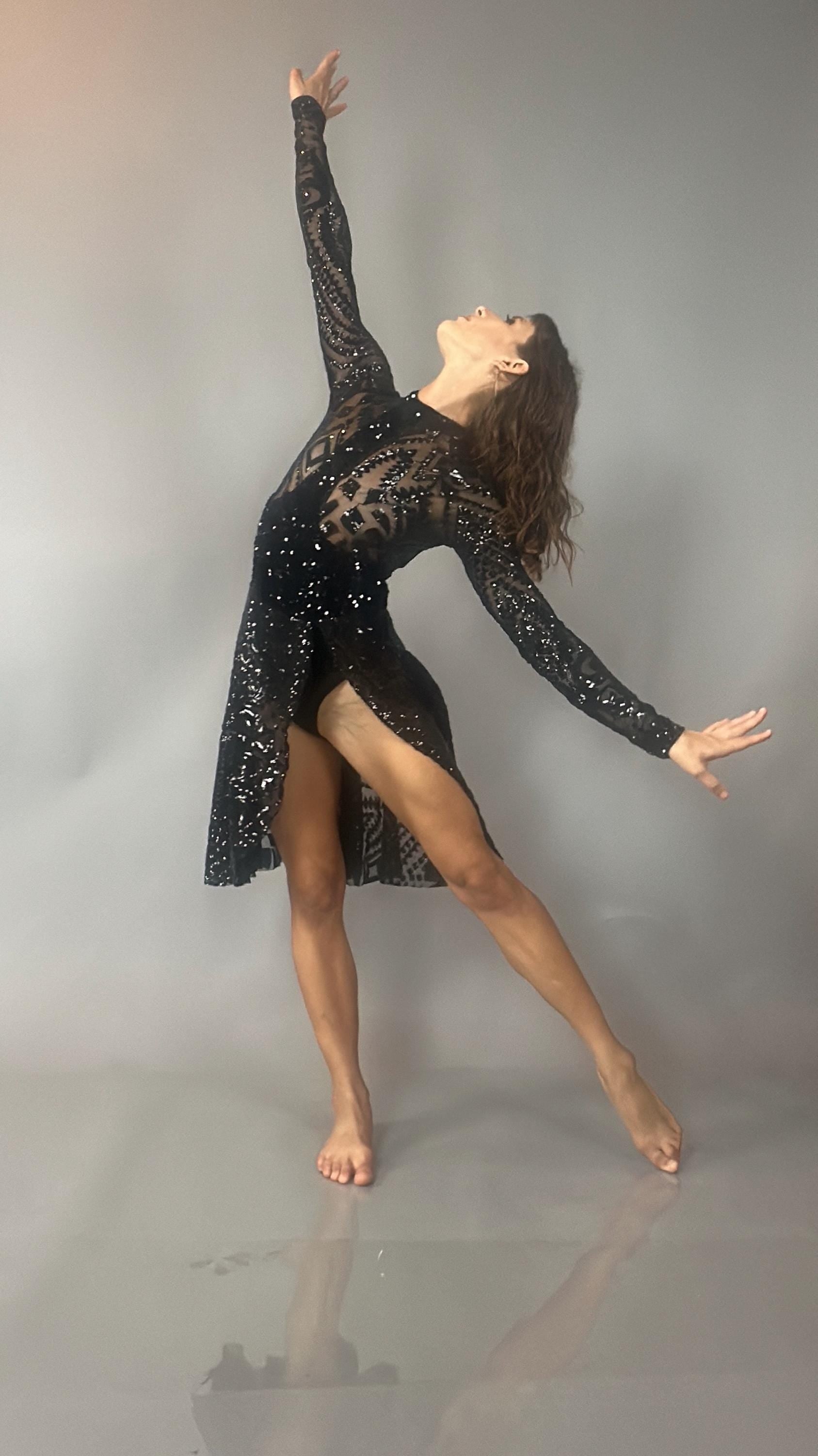 Black Sequin Leotard, Full Sleeves, Attached Skirt