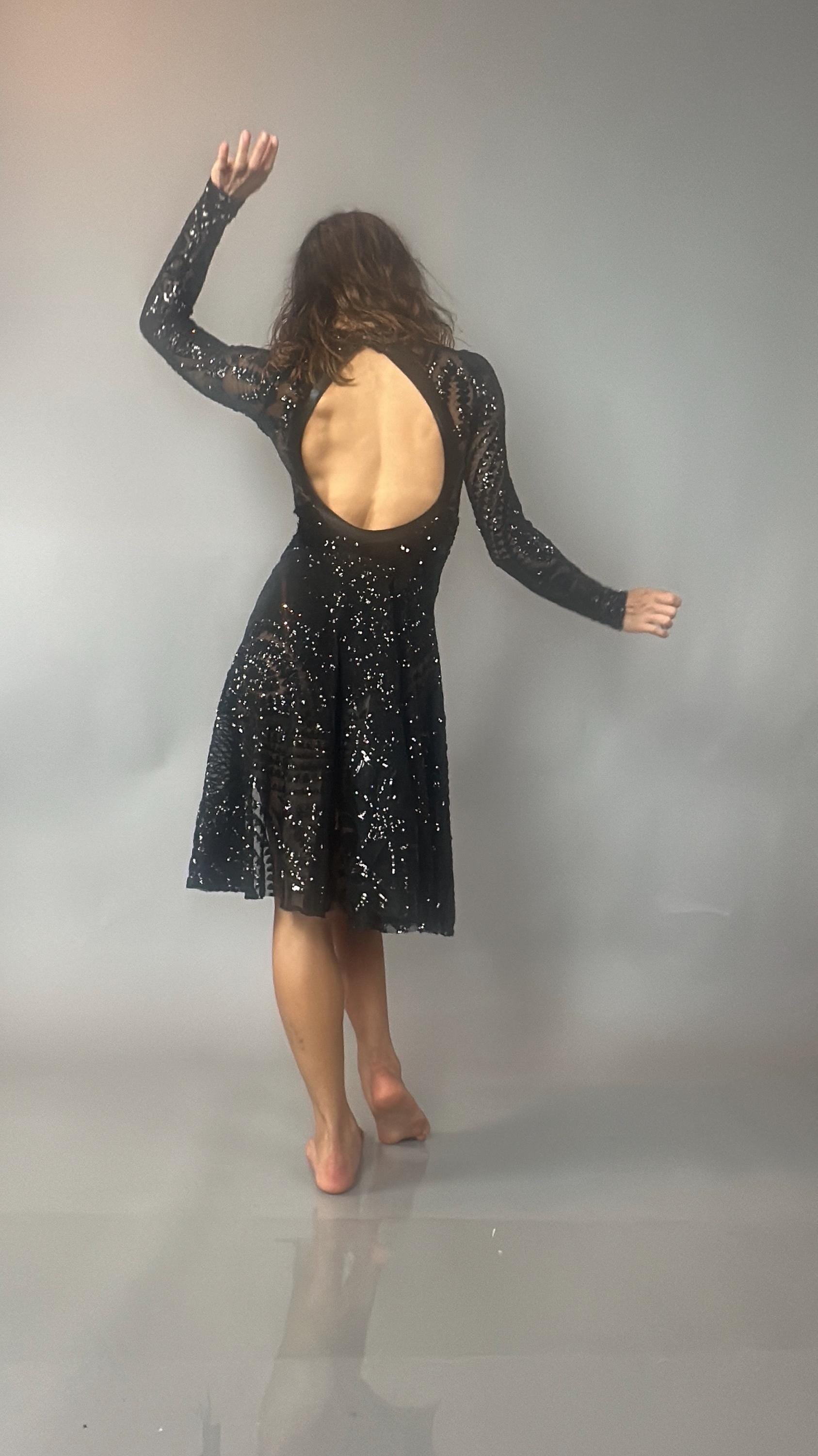 Black Sequin Leotard, Full Sleeves, Attached Skirt