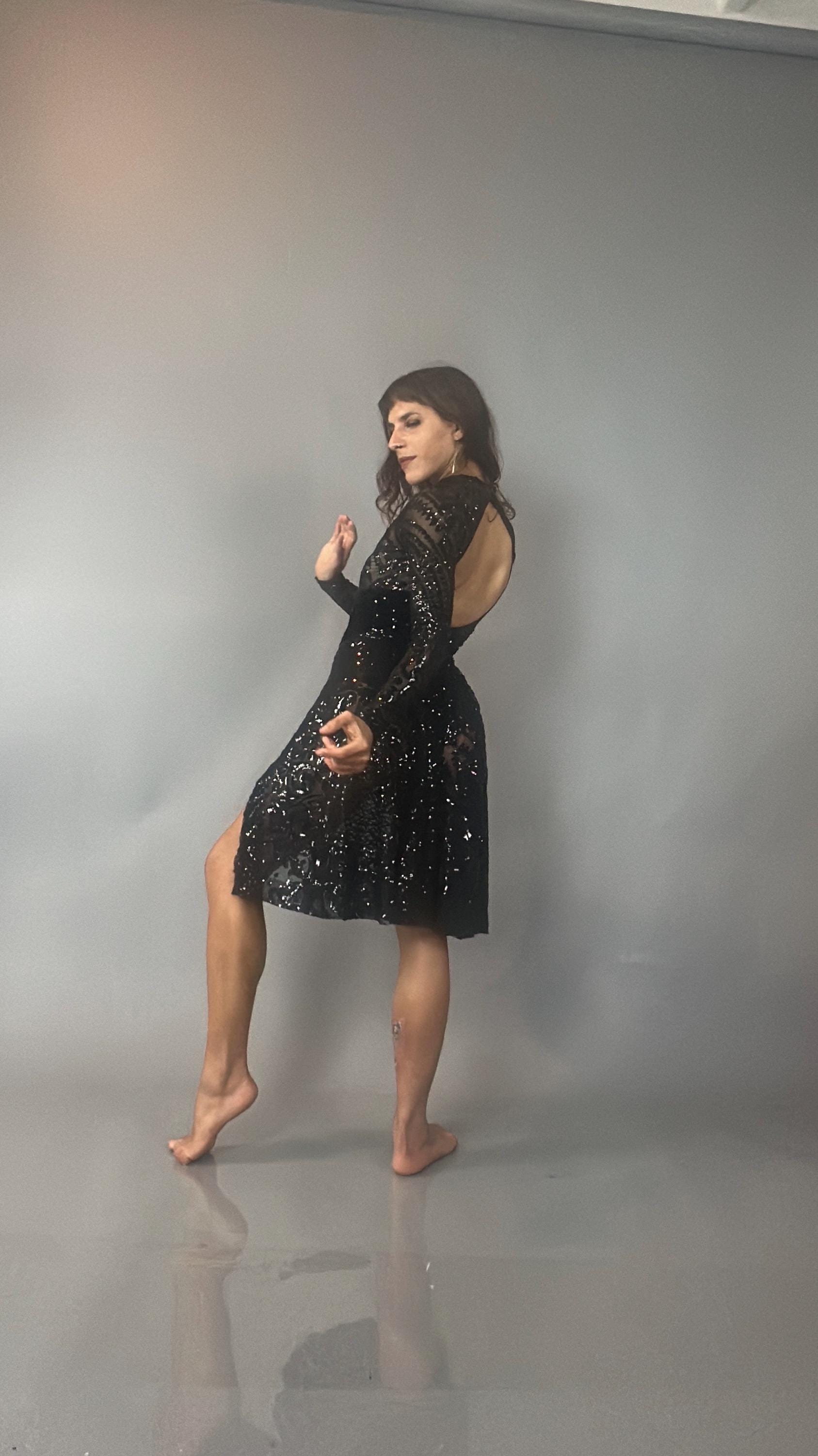 Black Sequin Leotard, Full Sleeves, Attached Skirt