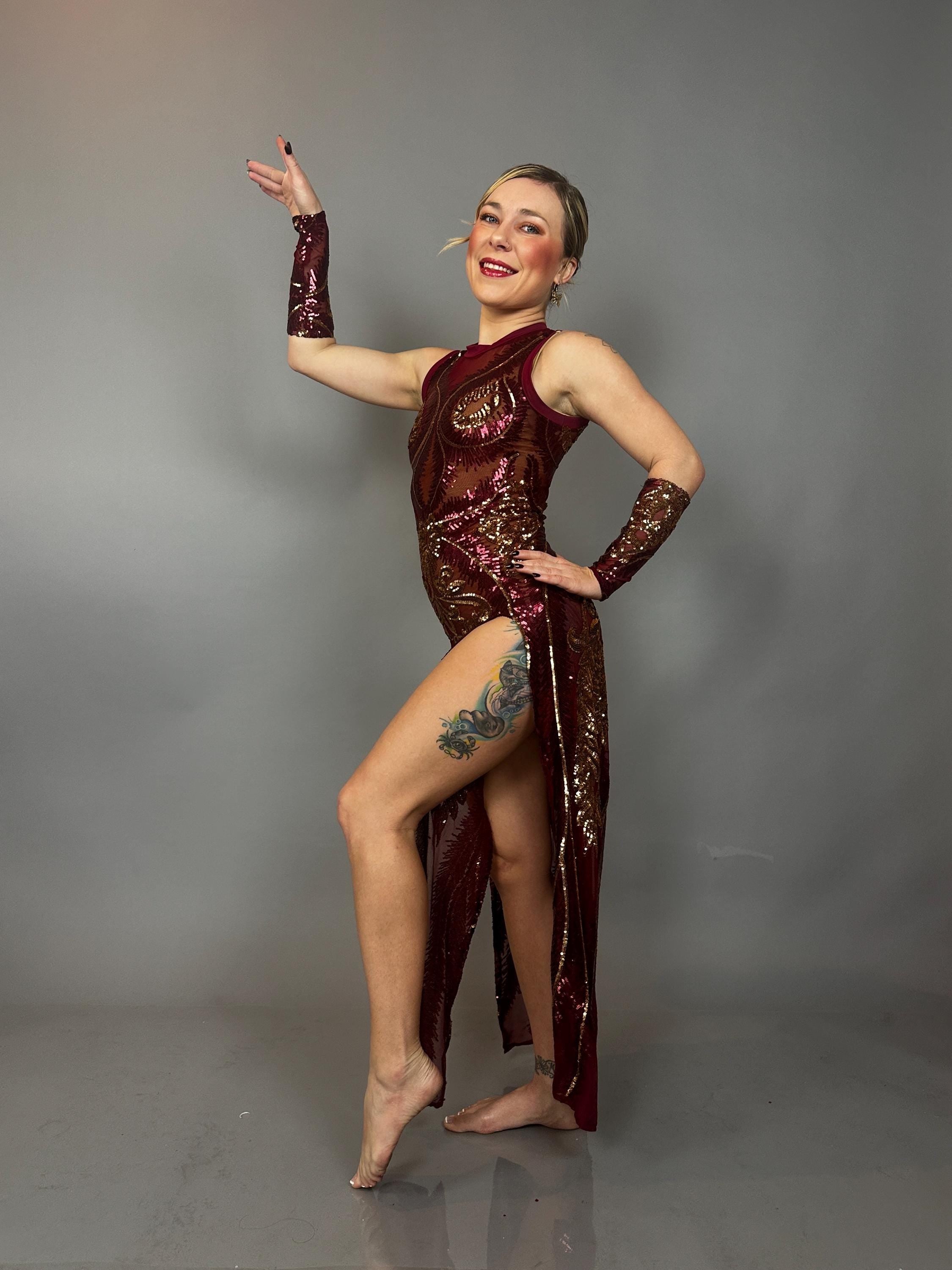 Red And Gold Sequin Sheer Dress, Sleeveless, Includes Hand Accessories