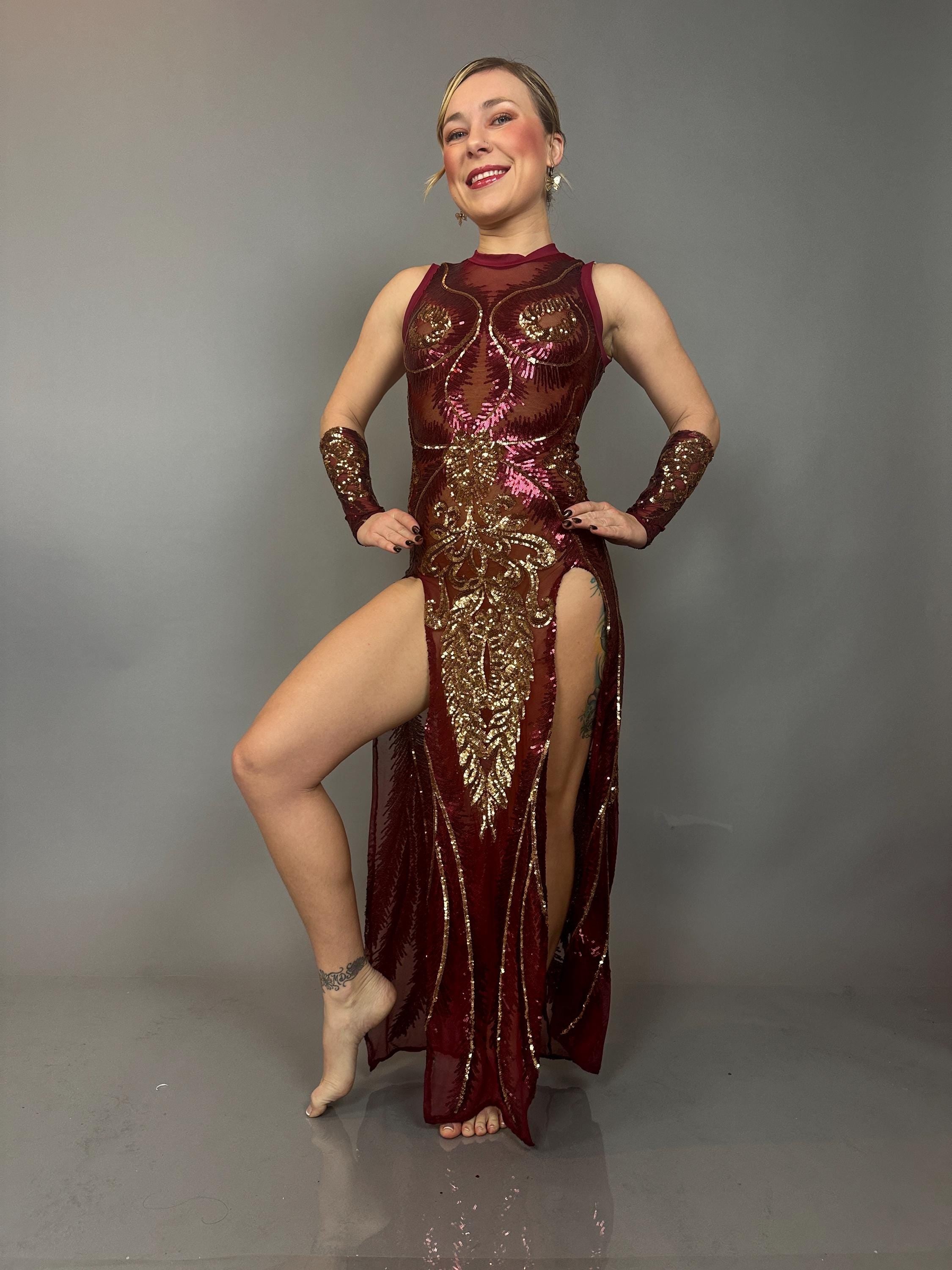 Red And Gold Sequin Sheer Dress, Sleeveless, Includes Hand Accessories