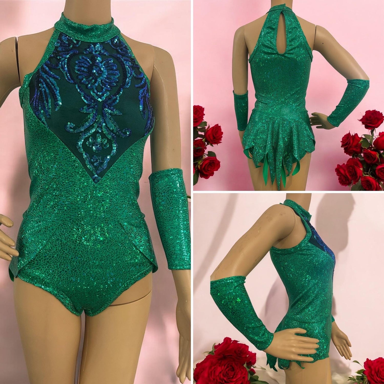 Shiny Green Leotard, Halterneck, Hand Accessories